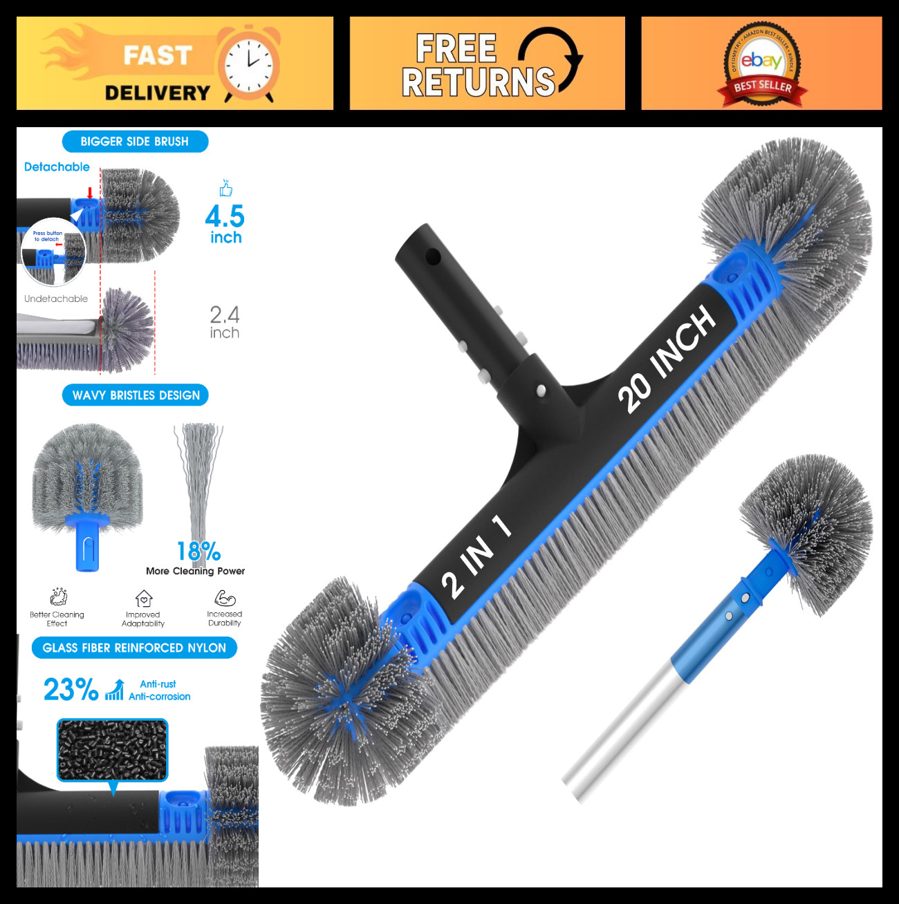 20″ 2-in-1 Pool Brush & Cobweb Duster – Heavy Duty Round Cleaning Head, EZ Clip,