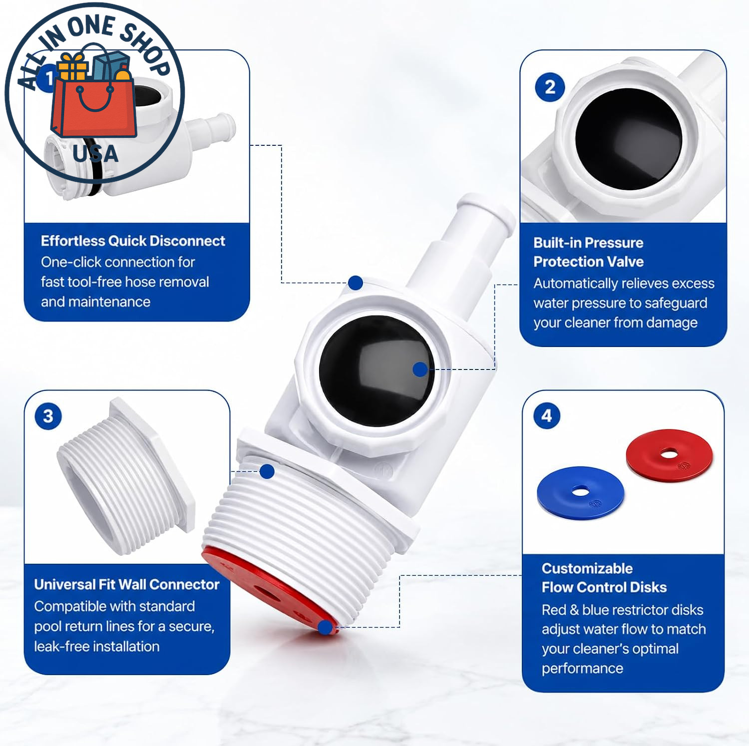 Universal Wall Fitting Connector for Polaris & Pentair Pool Cleaners – 1 Pack