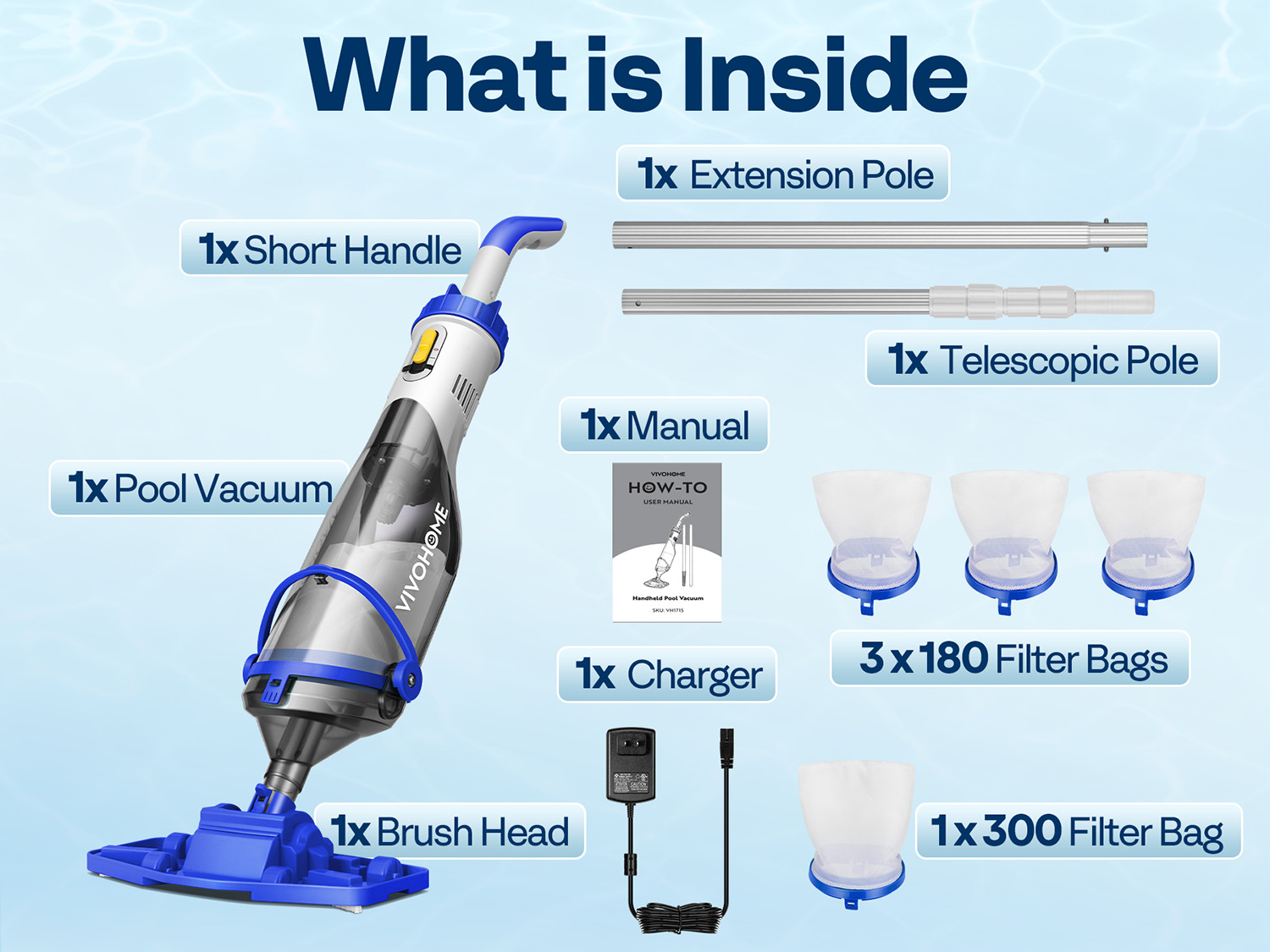 Cordless Pool Vacuum Cleaner 1110GPH Handheld Rechargeable for Pools Spas 60min