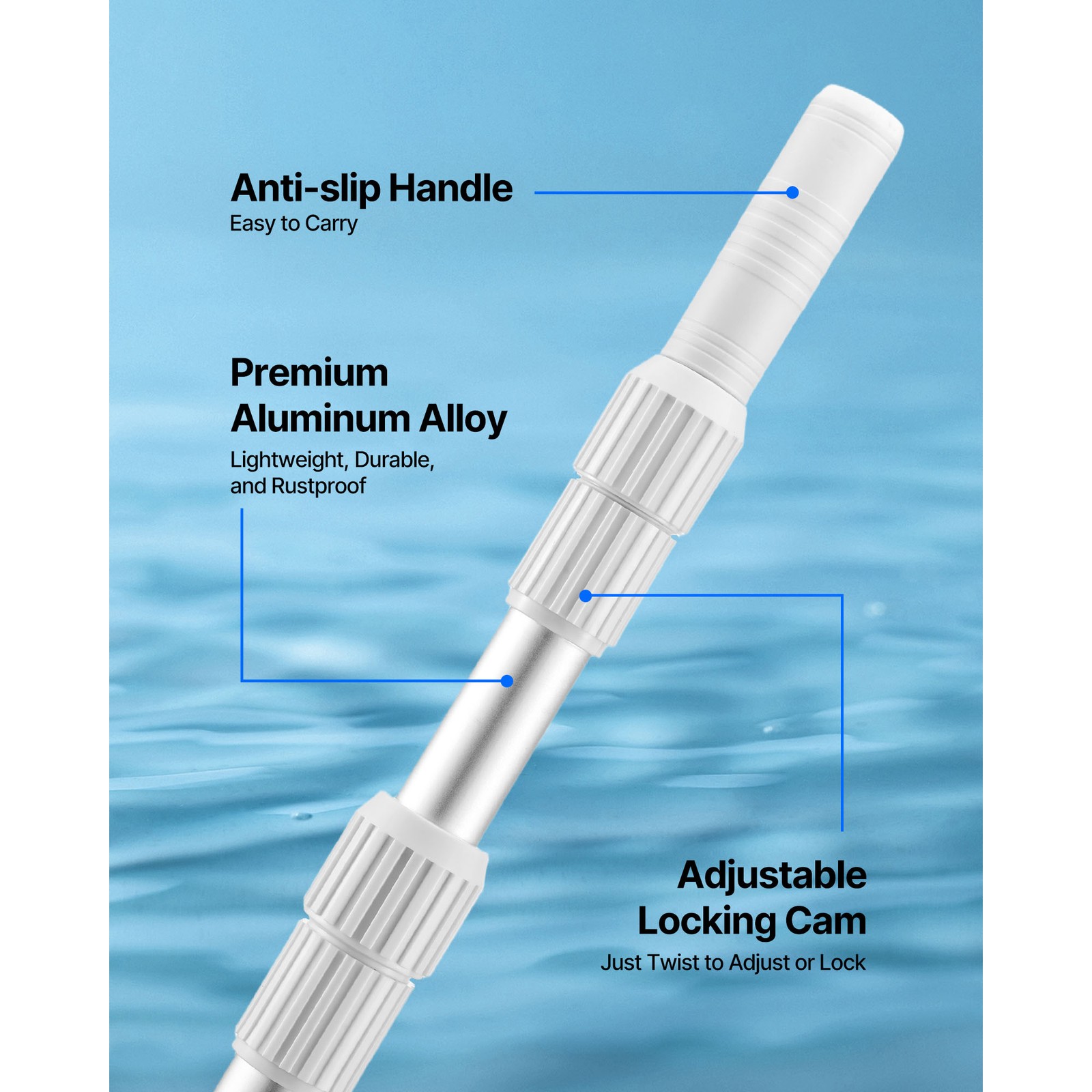 Telescopic Aluminum Pool Pole, Adjustable Length 3.4 to 15 ft with Twist Lock