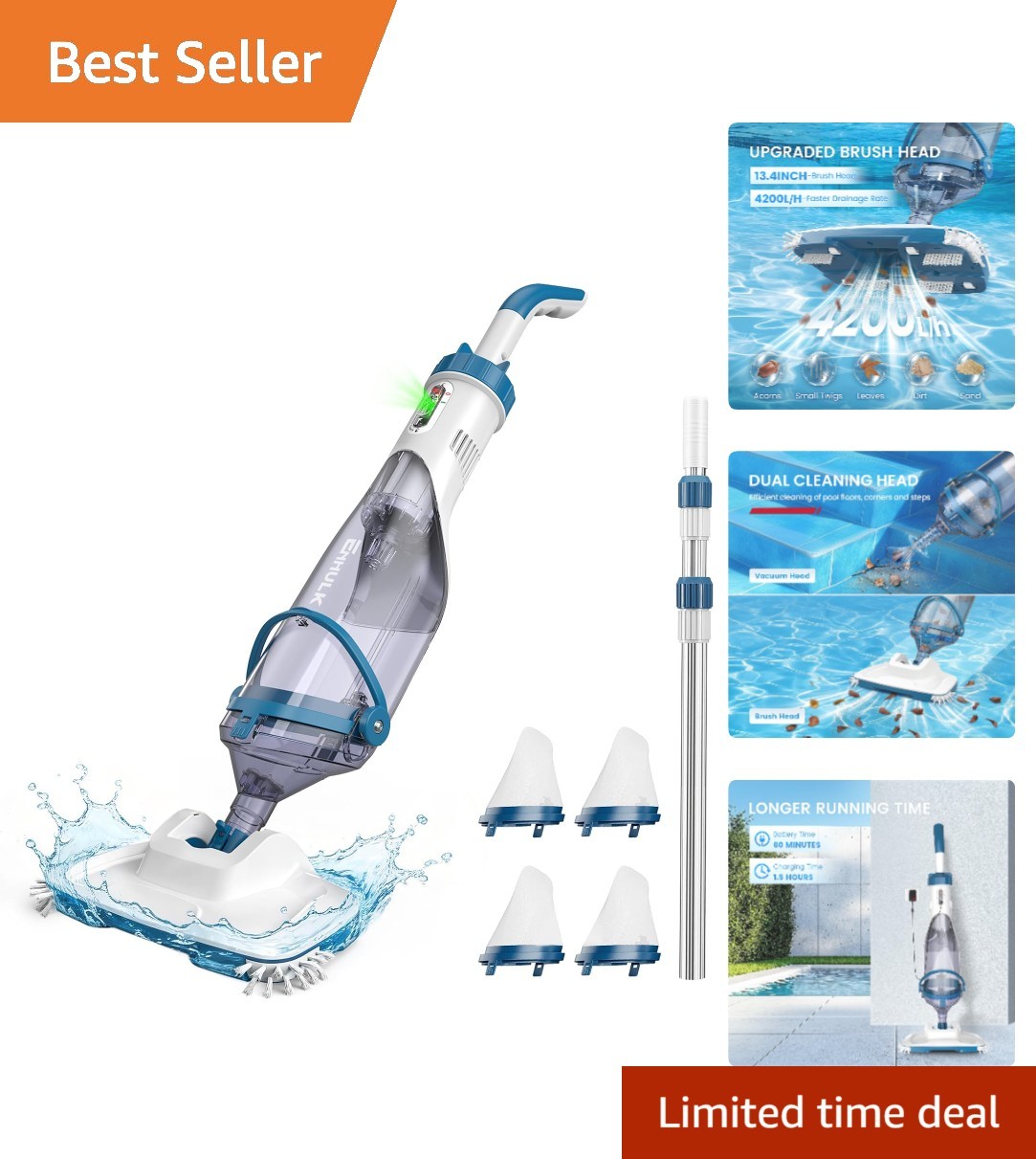 PC15 Cordless Pool Vacuum: 13.4″ Head & 87.5″ Telescopic for Fast Cleaning