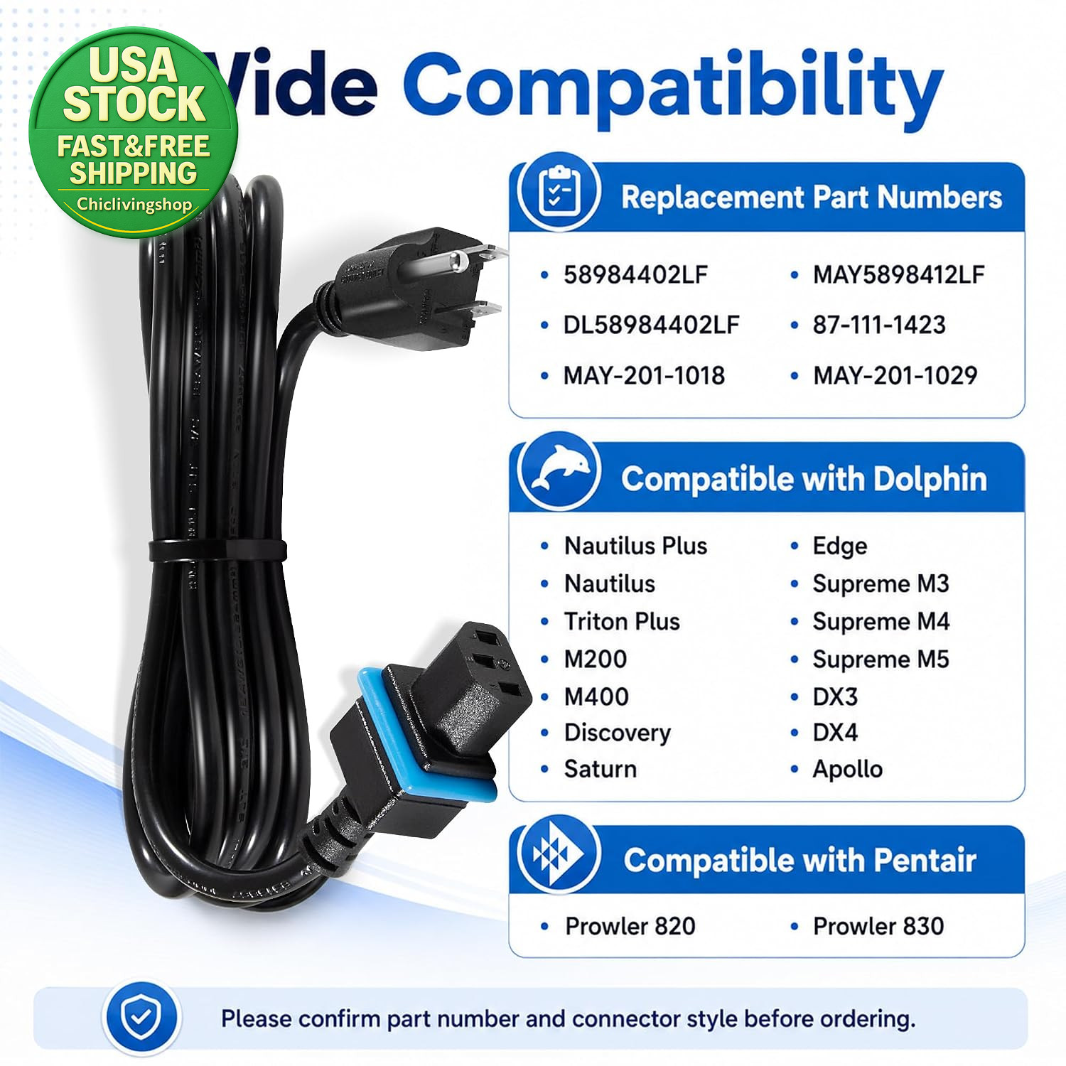 Power Cord Replacement for Maytronics Dolphin Pool Cleaners 10 Amp 125 Volt