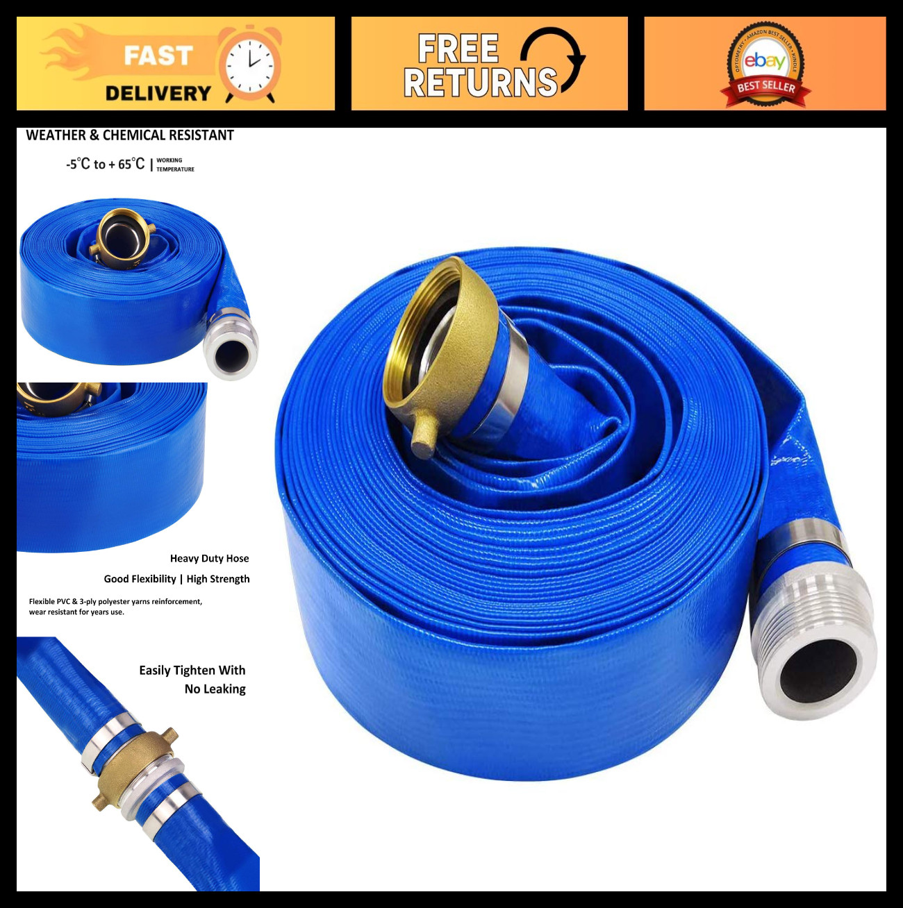 Heavy Duty 1.5″ x 50′ Blue PVC Backwash Discharge Hose for Swimming Pools