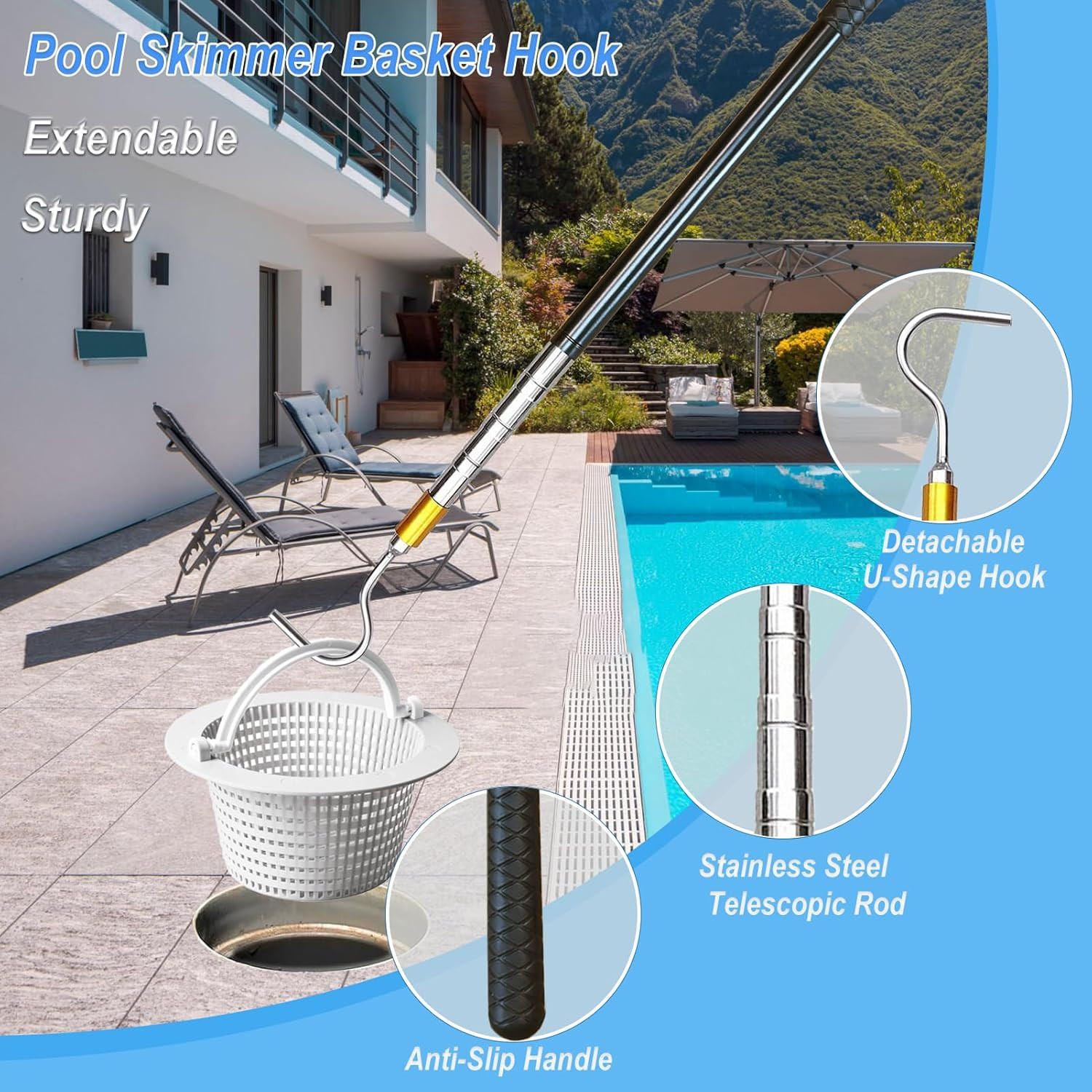 Extendable Pool Skimmer Basket Hook Pole 63 Inch – Stainless Steel