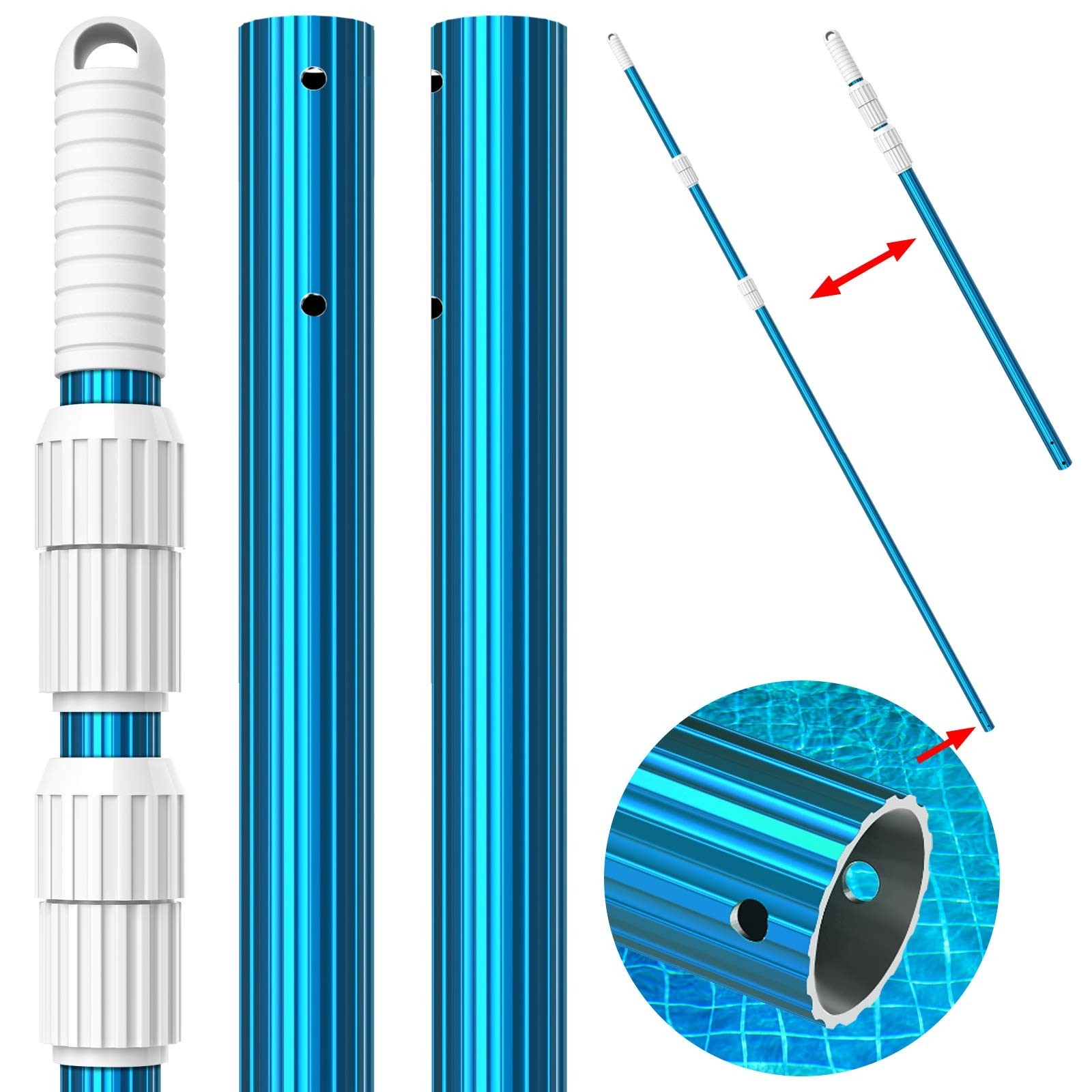 15ft Adjustable Aluminum Telescoping Pool Pole – 1.3mm Thick, Connects Skimmer N