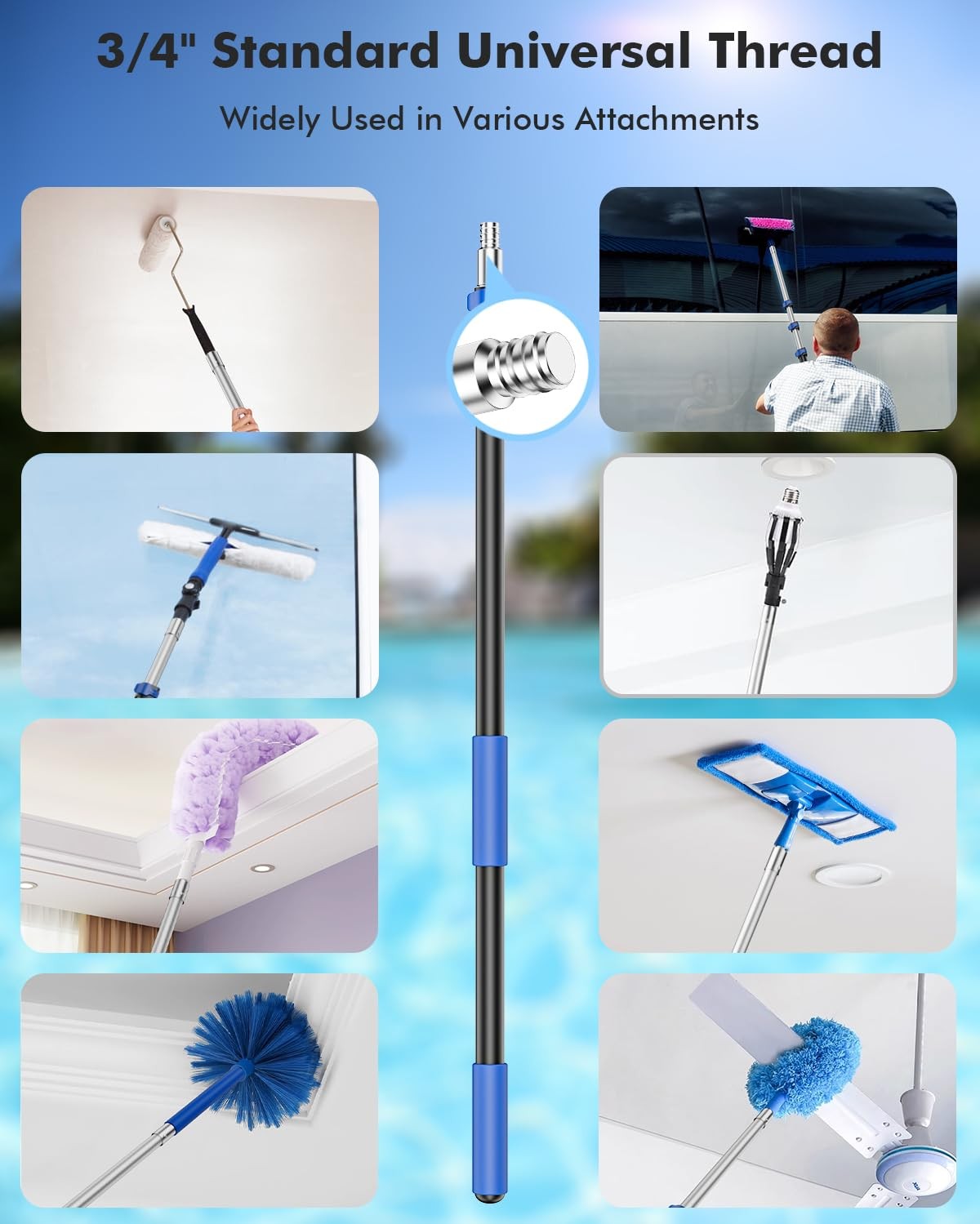 Pool Pole Telescopic 16FT Heavy Duty Upgraded Aluminum, 16 Ft Extension/Extenda