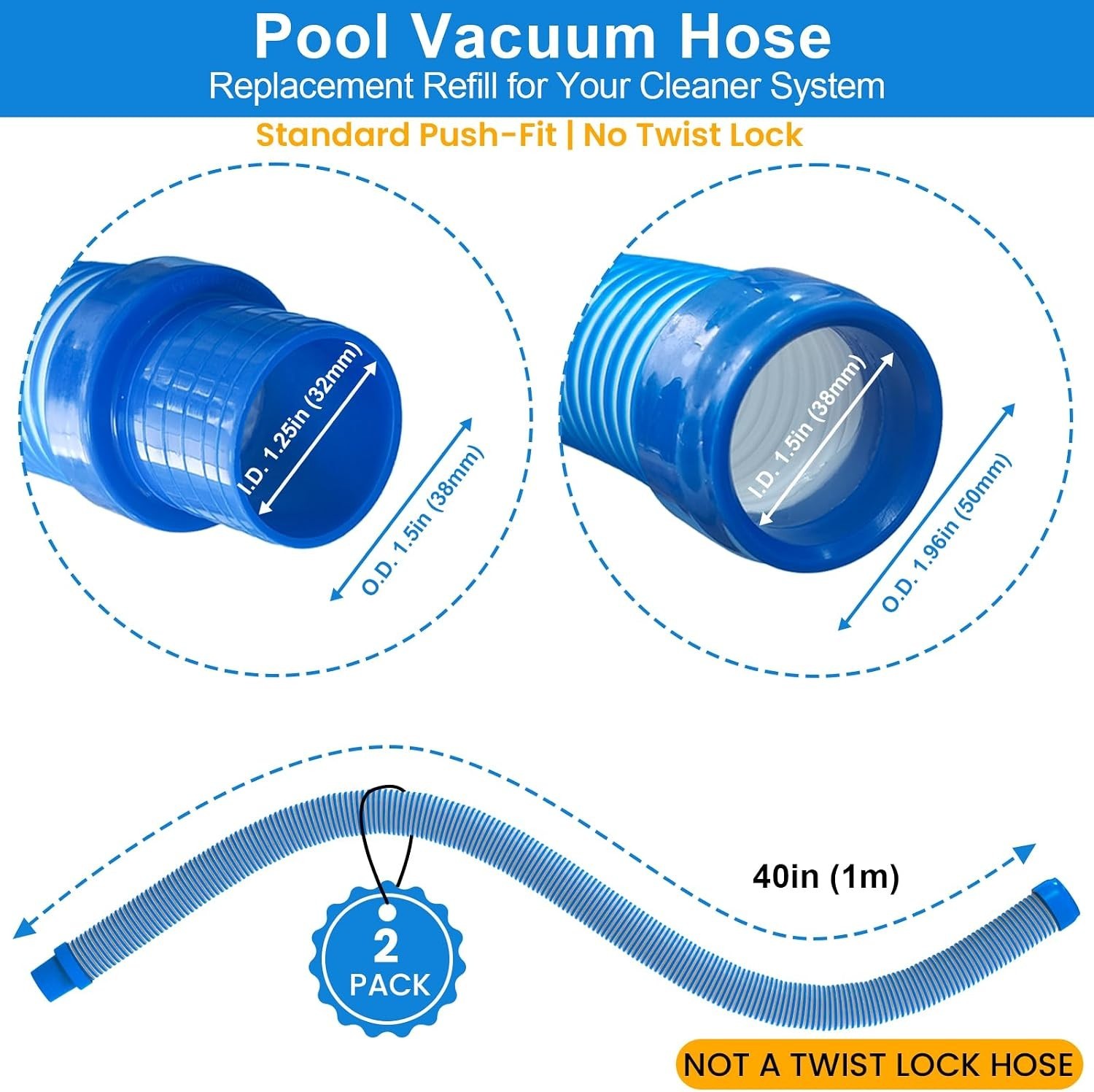 Pool Vacuum Hose 2-Pack, 40″ Spiral-Wound, Blue