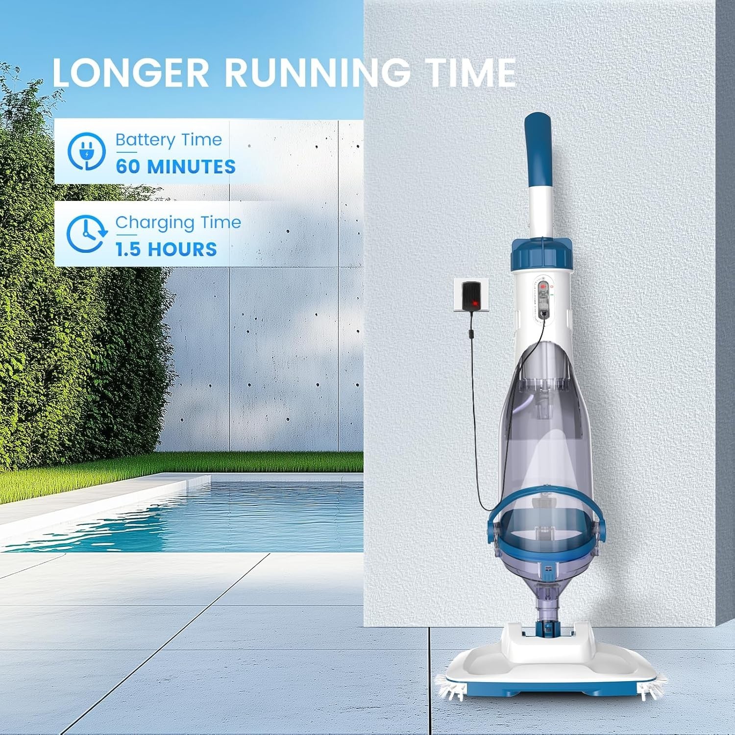 PC15 Cordless Pool Vacuum: 13.4″ Head & 87.5″ Telescopic for Fast Cleaning