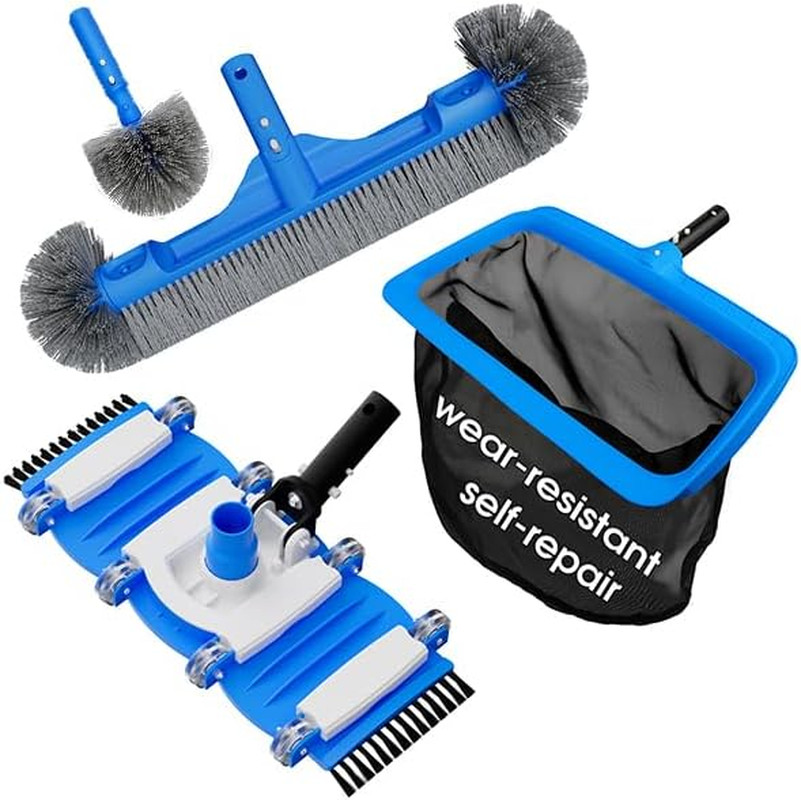 3-In-1 Pool Cleaning Kit Full Set – 18In Rounded End Pool Brush & Ergonomic Pool