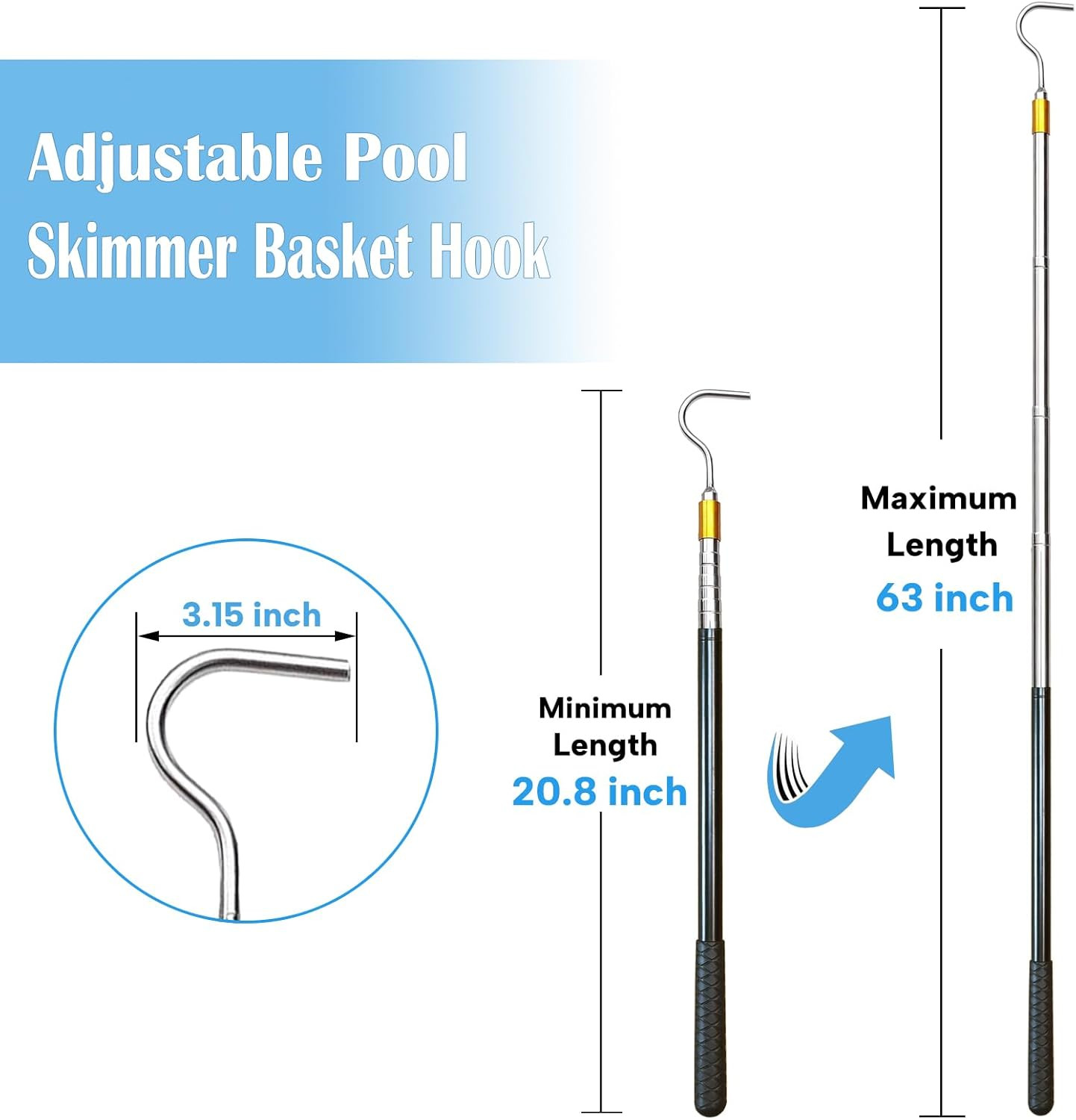 Extendable Pool Skimmer Basket Hook Pole 63 Inch – Stainless Steel
