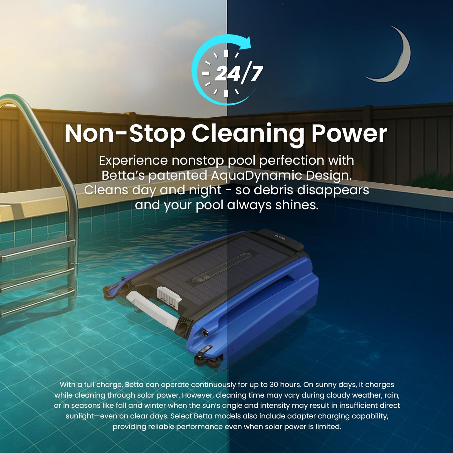 24/7 Solar Powered Automatic Blue Robotic Pool Skimmer Cleaner Salt Chlorine