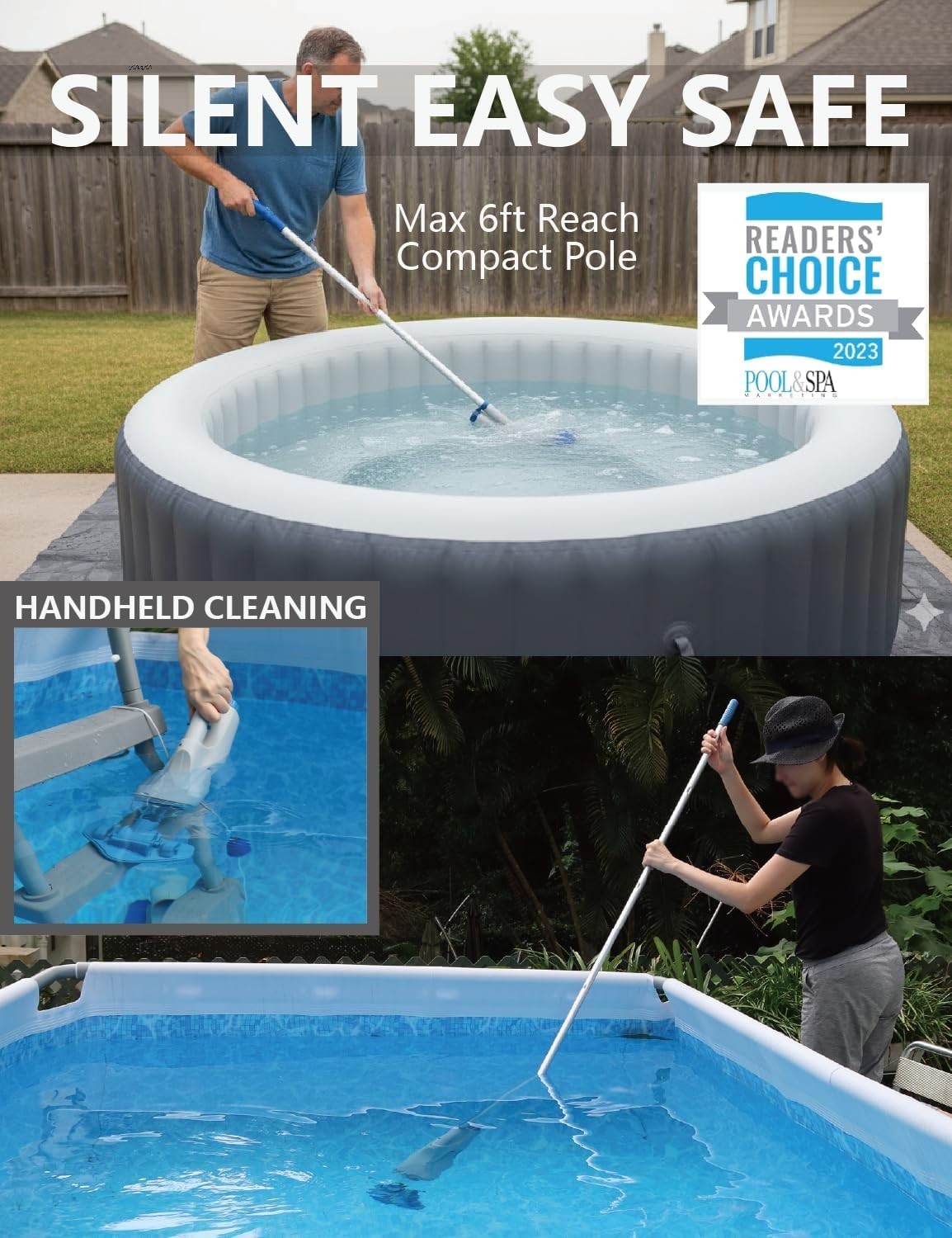 Cordless Handheld Pool Vacuum with 6ft Pole & Dual Brush Heads for Easy Cleaning