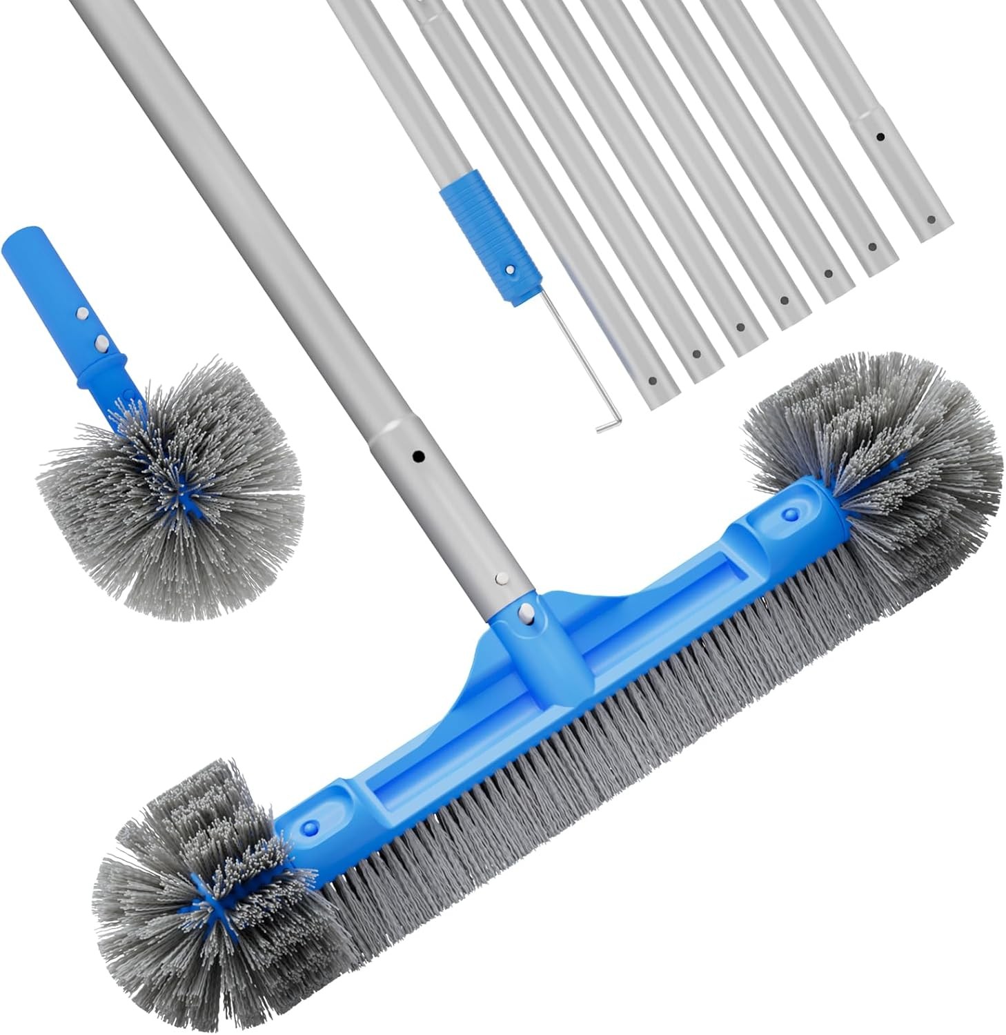 Pool Brush Set 20’’ 2-in-1 Detachable Round Brush W/ Extra Side Brush Cleaning