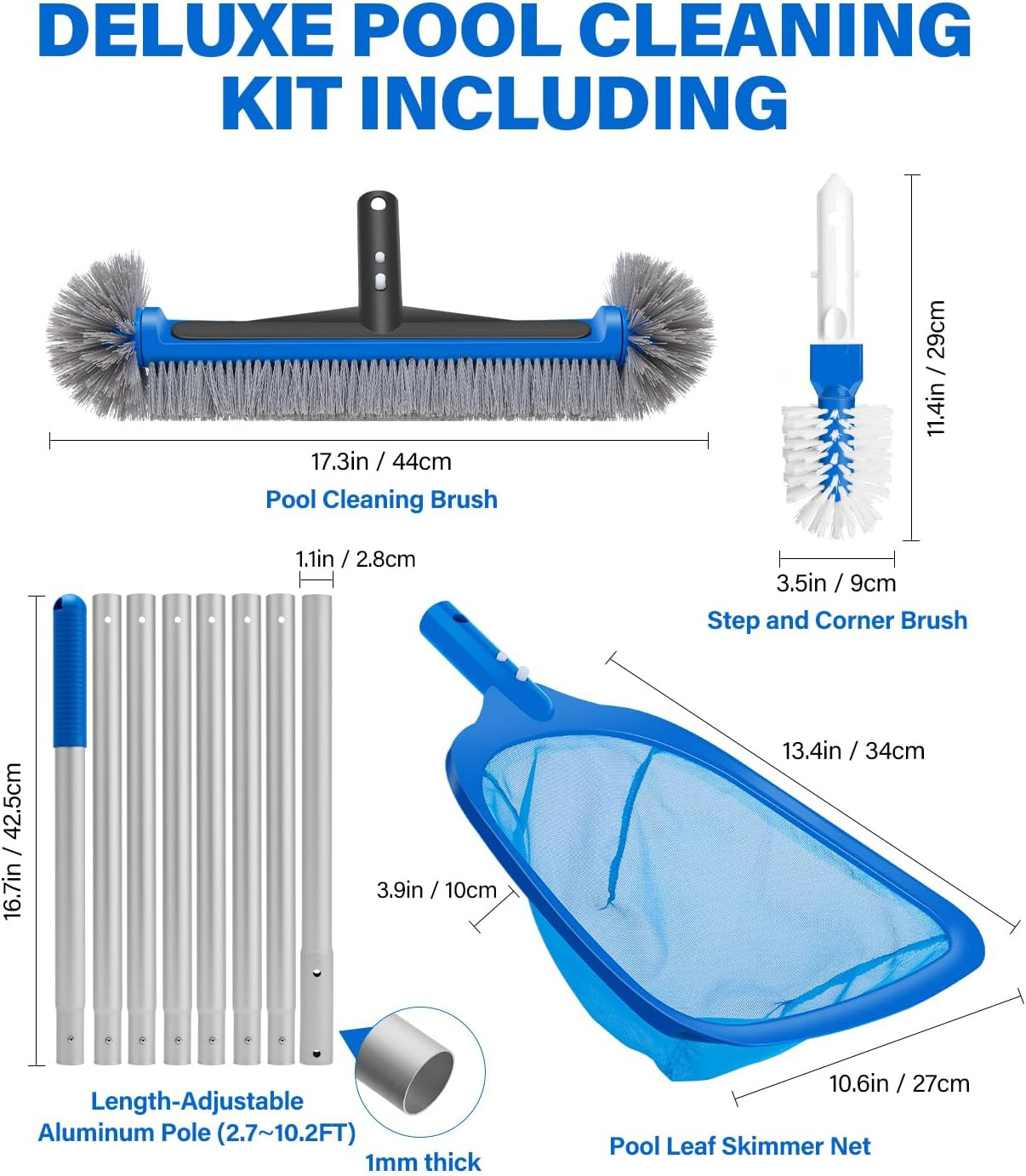 4-In-1 Deluxe Pool Cleaning Kit, Pool Cleaning Tools with 10Ft Adjustable Pole,