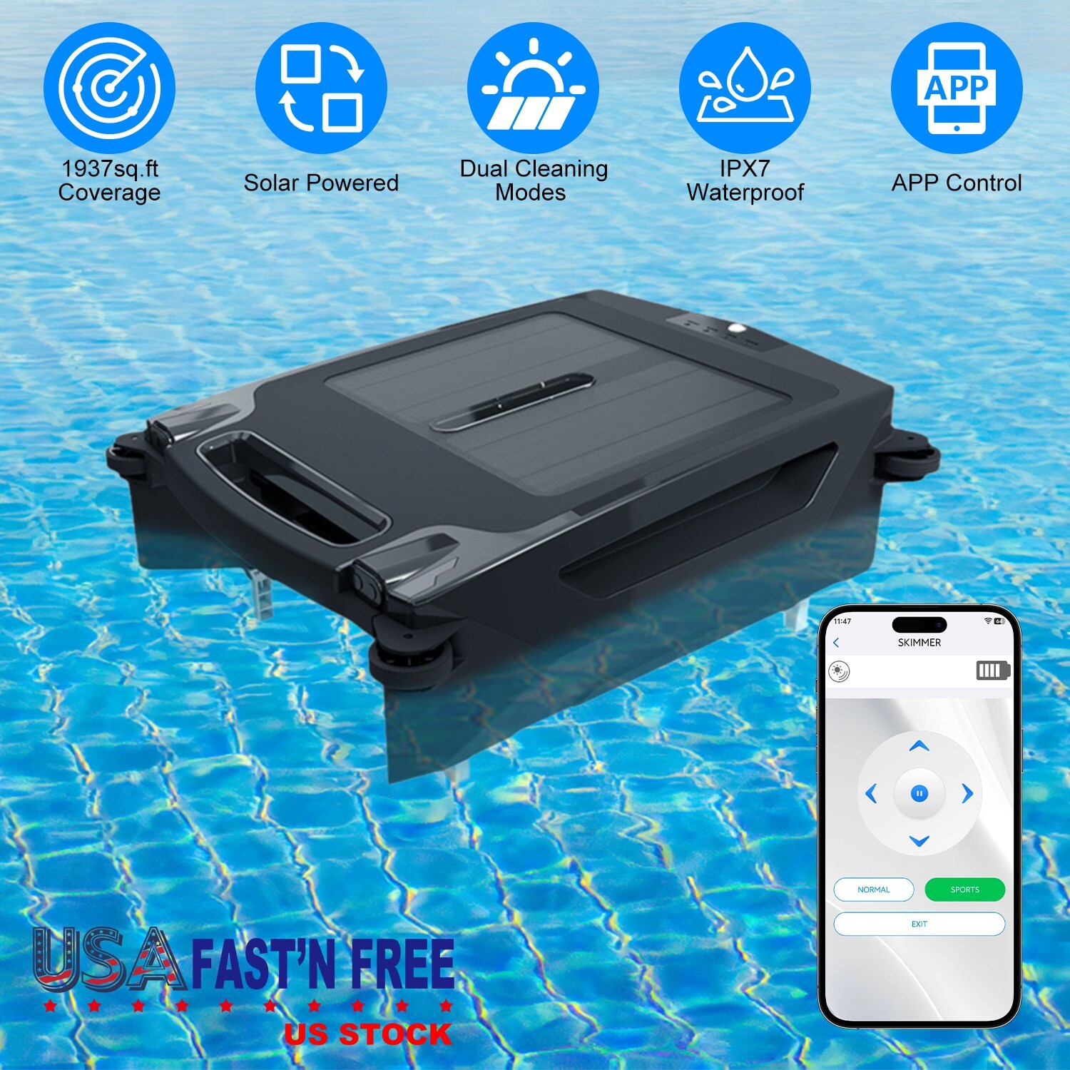 Solar Cordless Robotic Pool Cleaner Skimmer w/ APP Control for Pool Cleaning