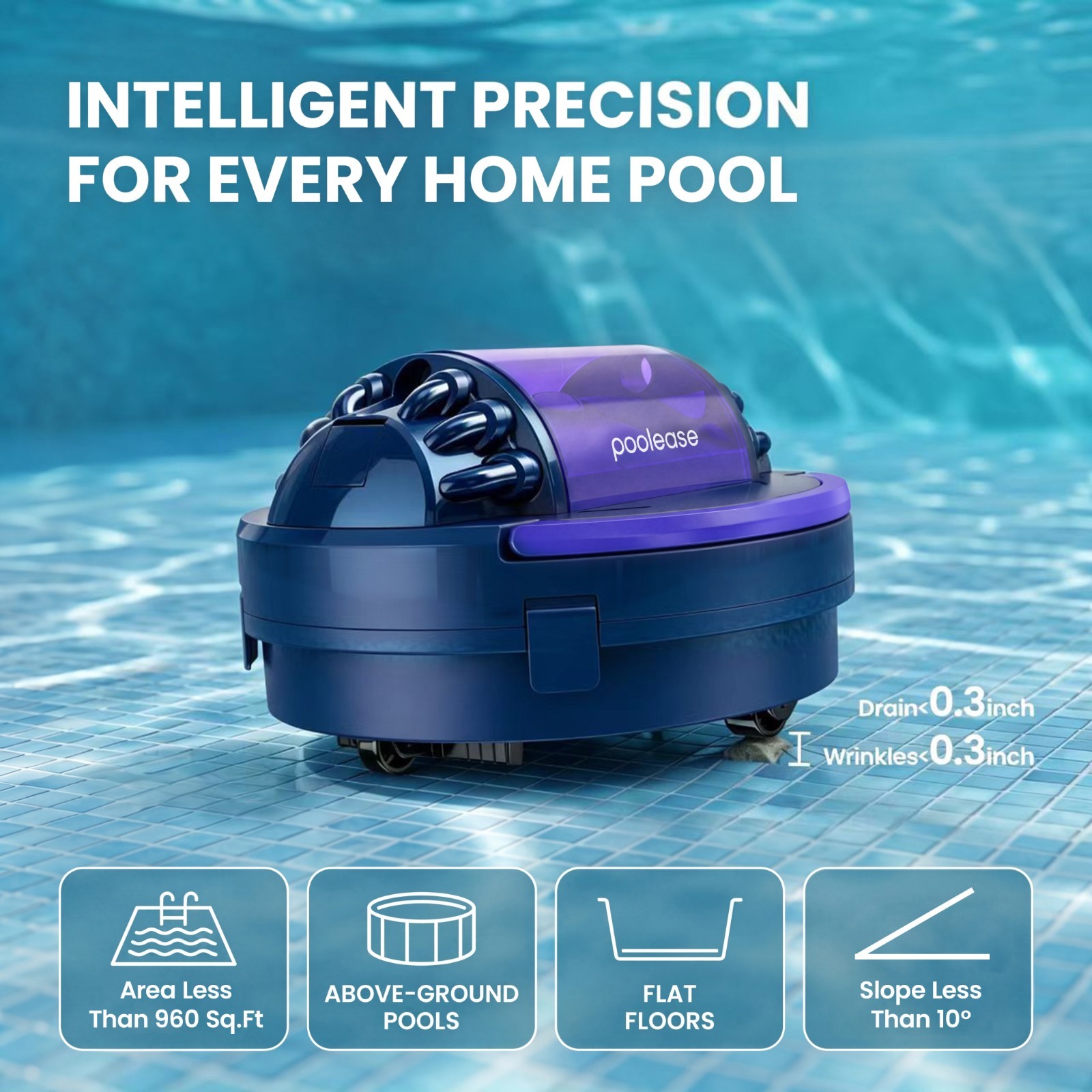 Poolease Cordless Robotic Pool Vacuum for Above Ground Flat Pool up to 960 Sq.ft