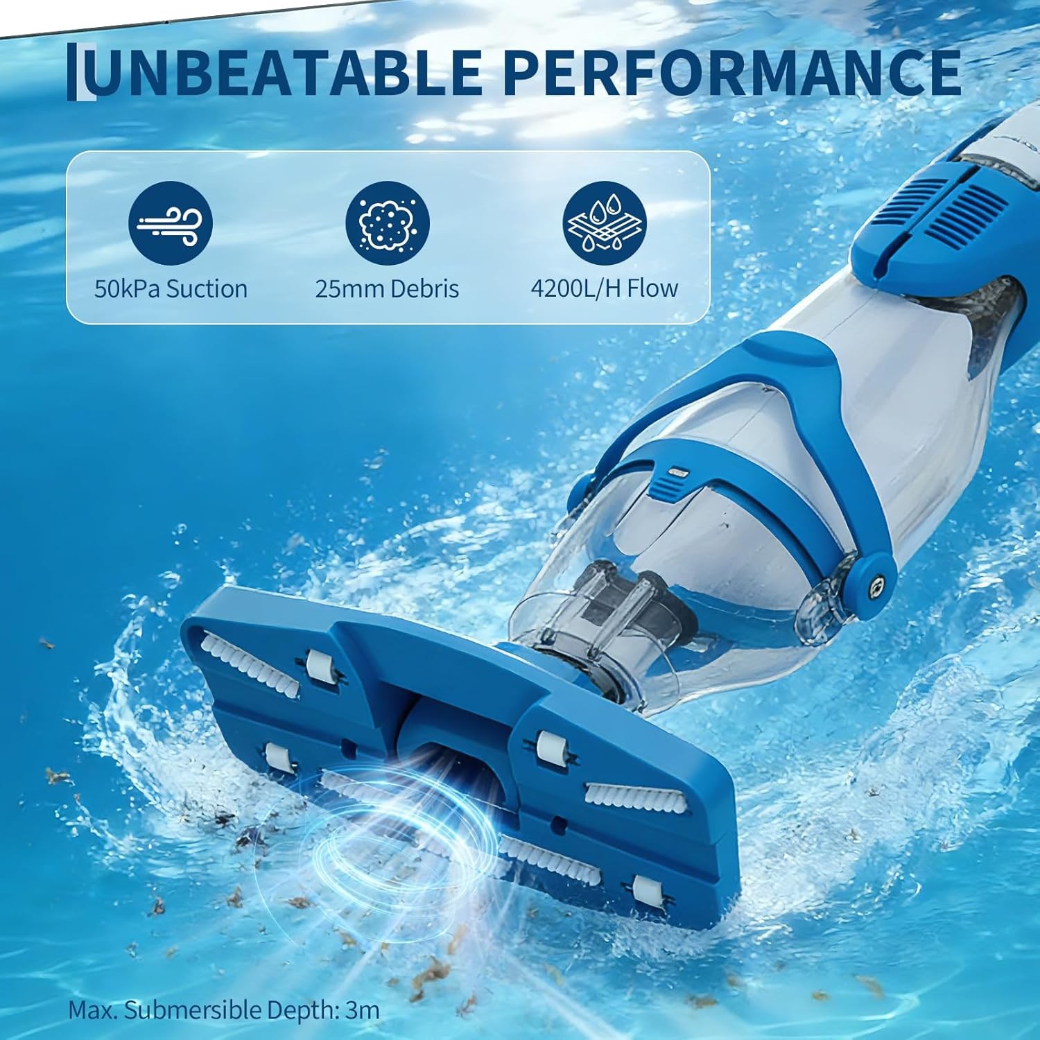 Powered Cordless Handheld Pool Vacuum Rechargeable Pool Cleaner 60 Mins Runtime