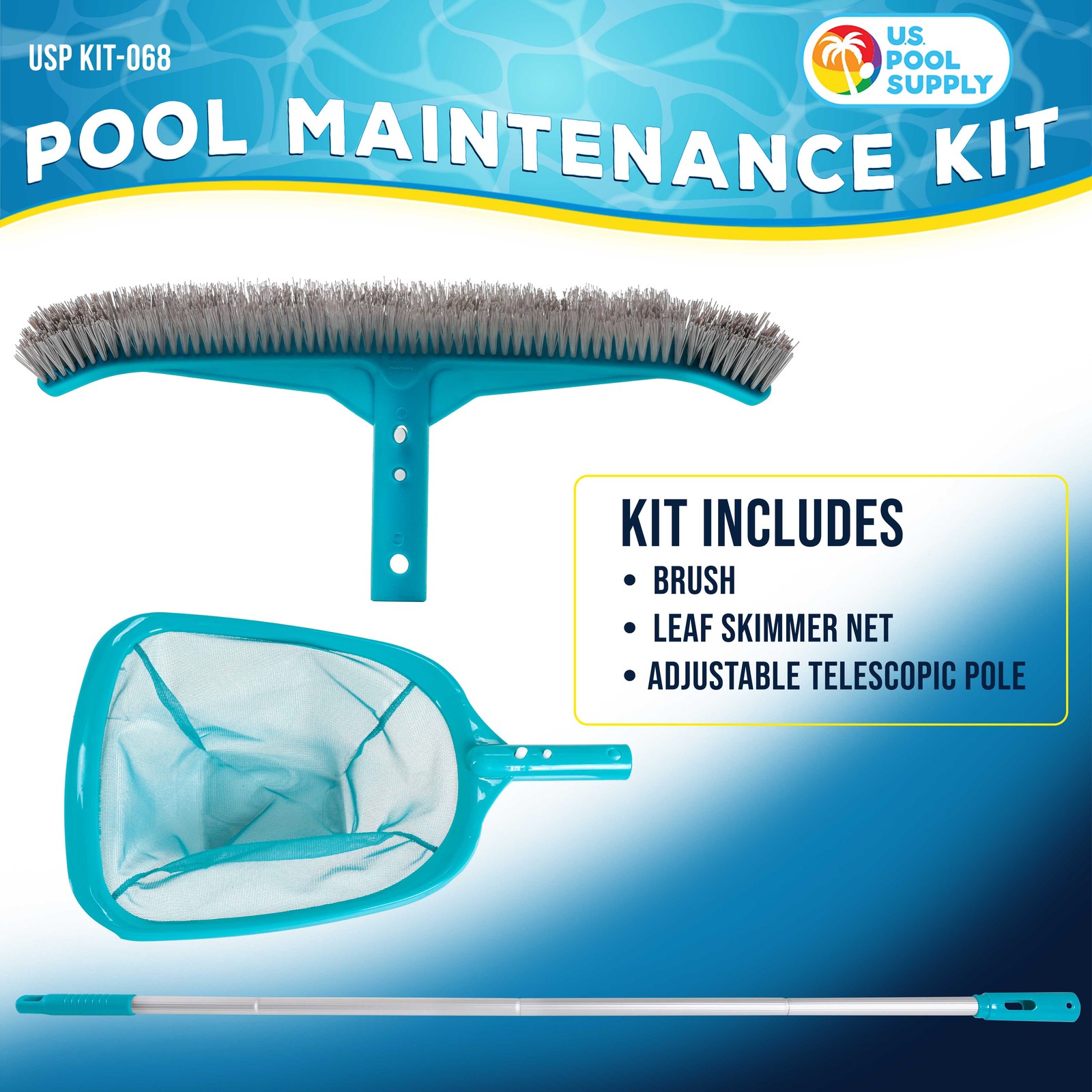 Pool Maintenance Kit with Leaf Skimmer Net, Brush & Adjustable Telescopic Pole