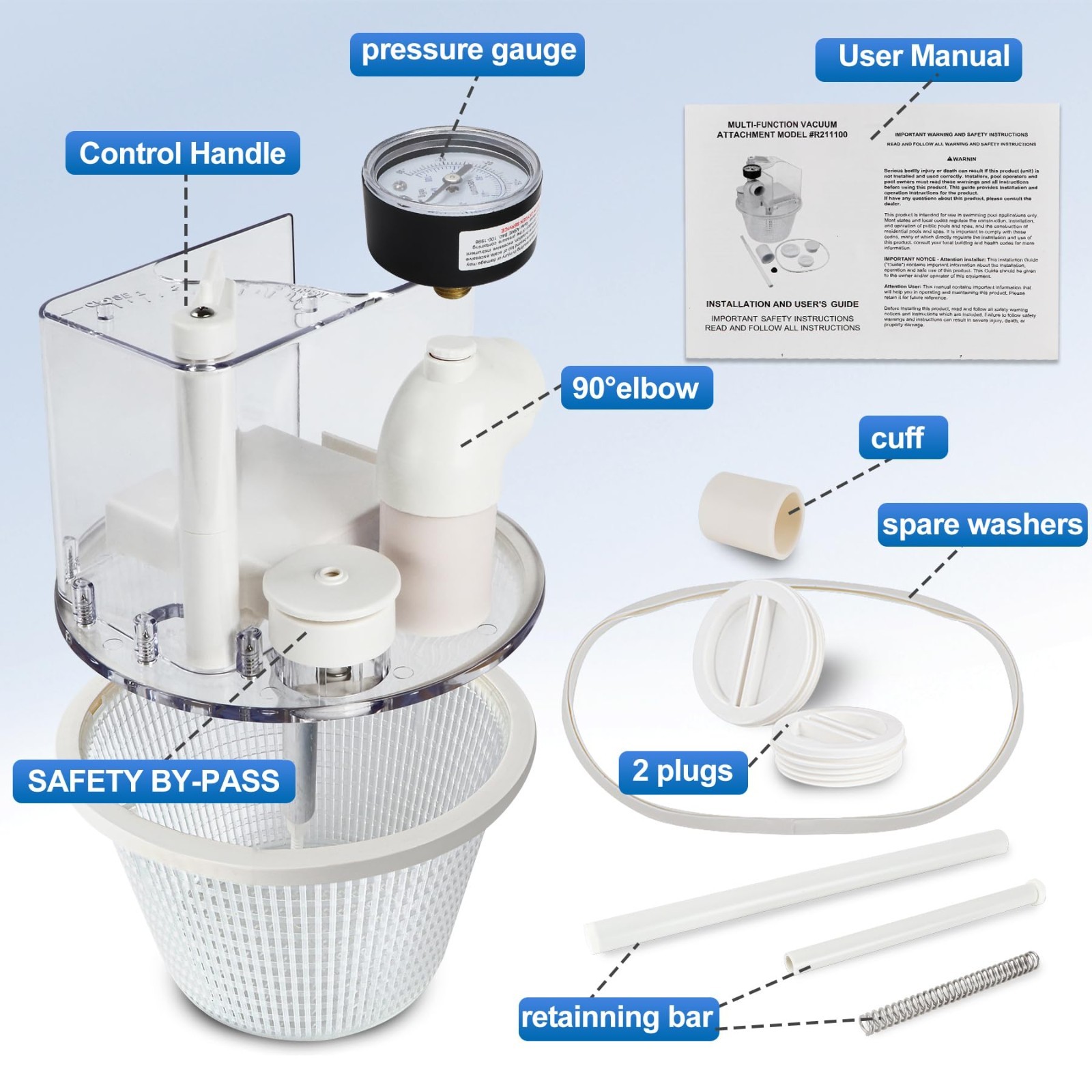 Skim Vac Mate Pool Skimmer Basket Cleaner Vacuum Attachment & Pressure Gauge