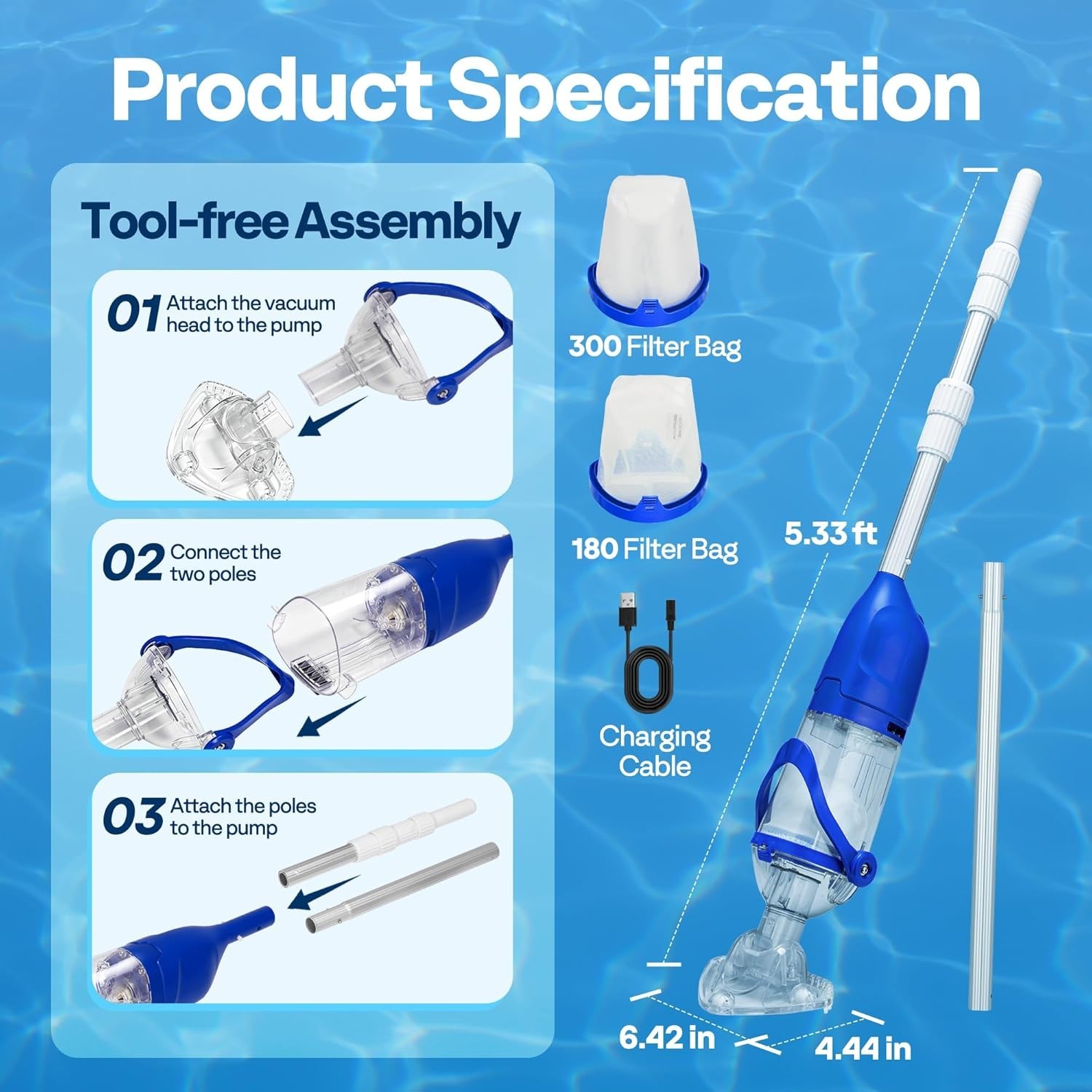 VIVOHOME Cordless Pool Vacuum 13.2 GPM Cleaner 60 Min Battery Blue