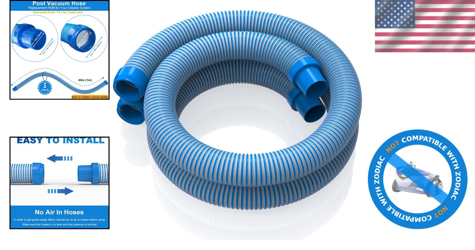 Pool Vacuum Hose 2-Pack, 40″ Spiral-Wound, Blue