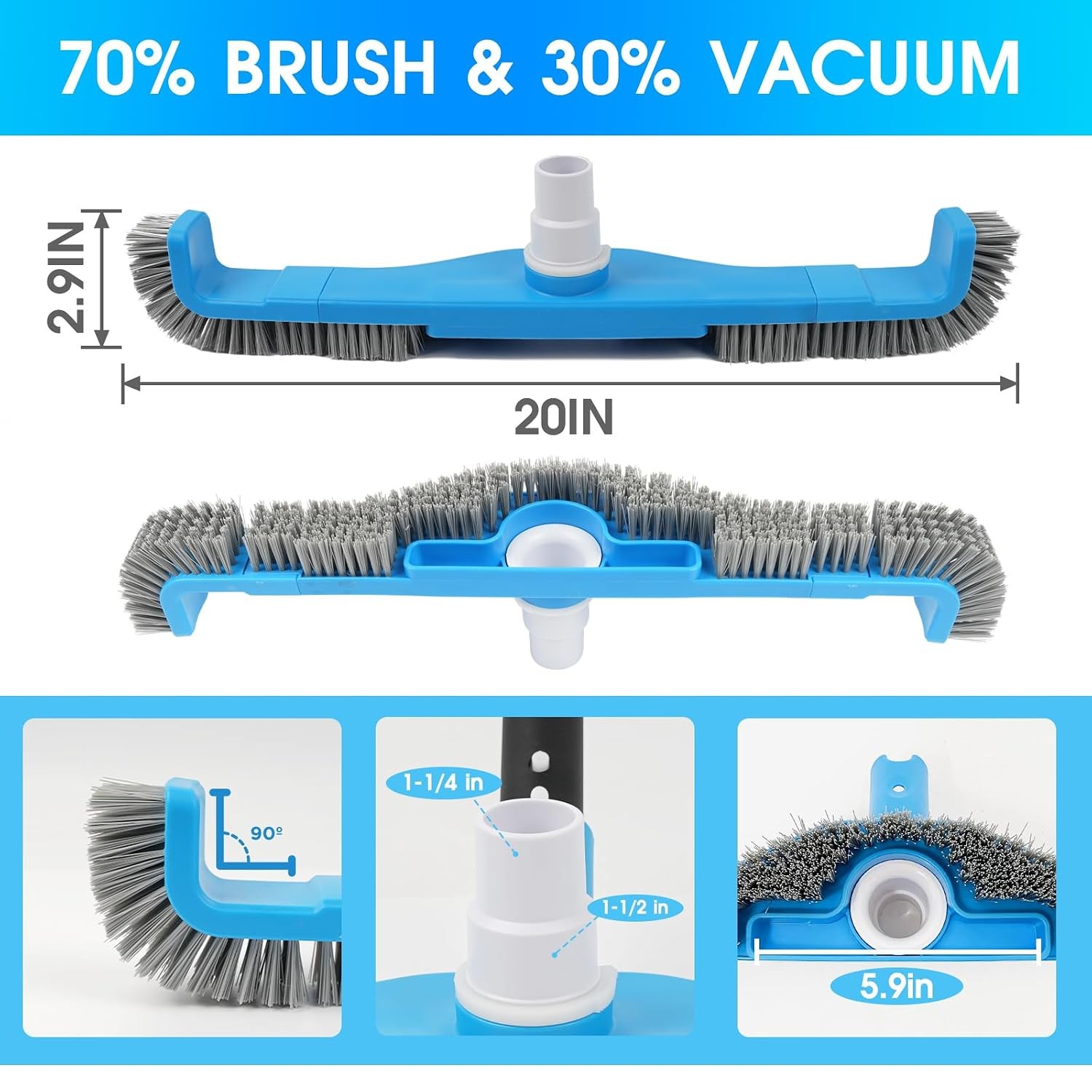 20″ 2 in 1 Pool Brush Vacuum Head with Swivel Hose Connection & Sturdy Nylon