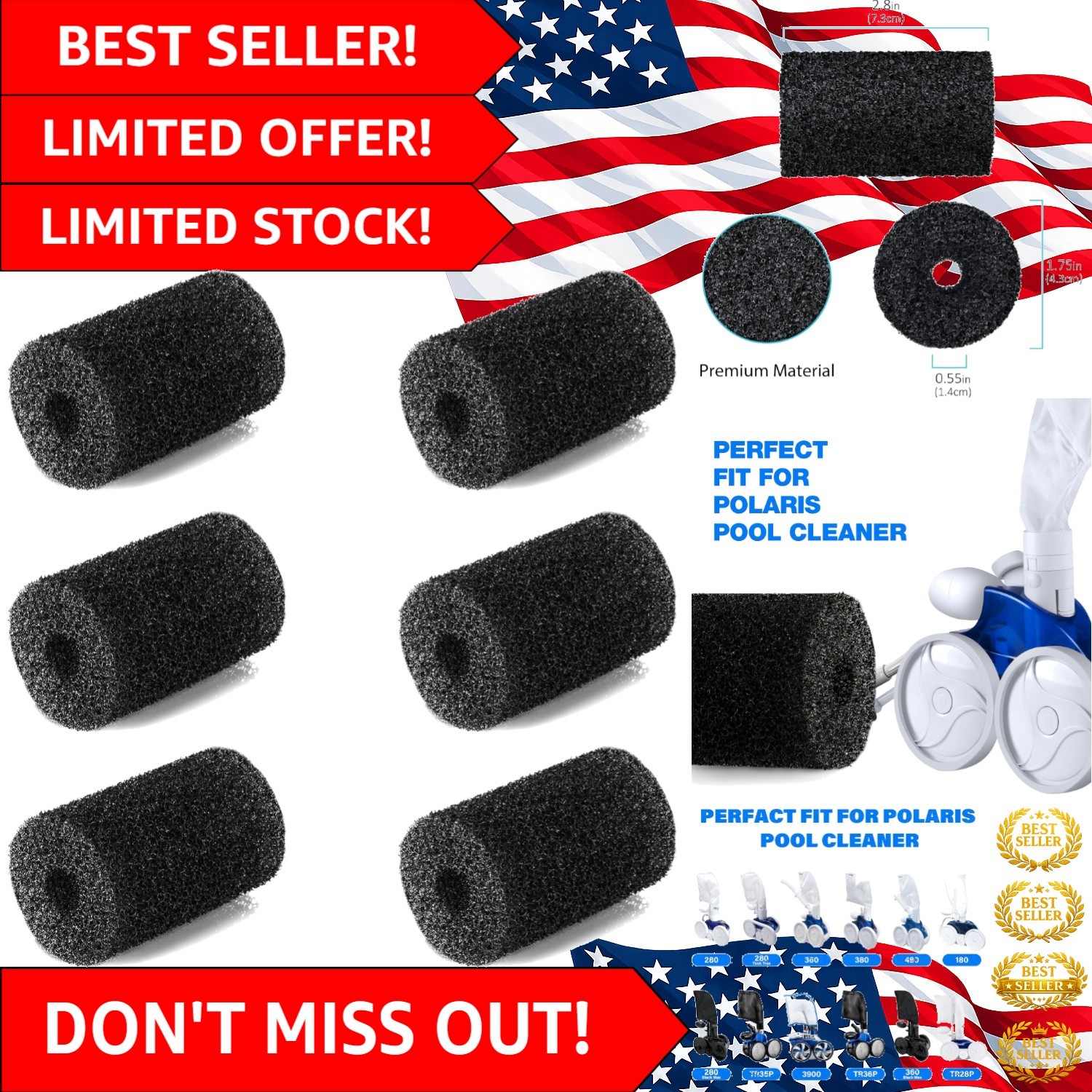 Extended Life 6 Pack Sweep Hose Scrubbers for Polaris Automatic Pool Cleaners