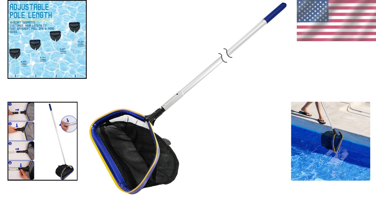 Heavy-Duty Skimmer Net with 10ft Telescopic Pole for Above/In-Ground Pools