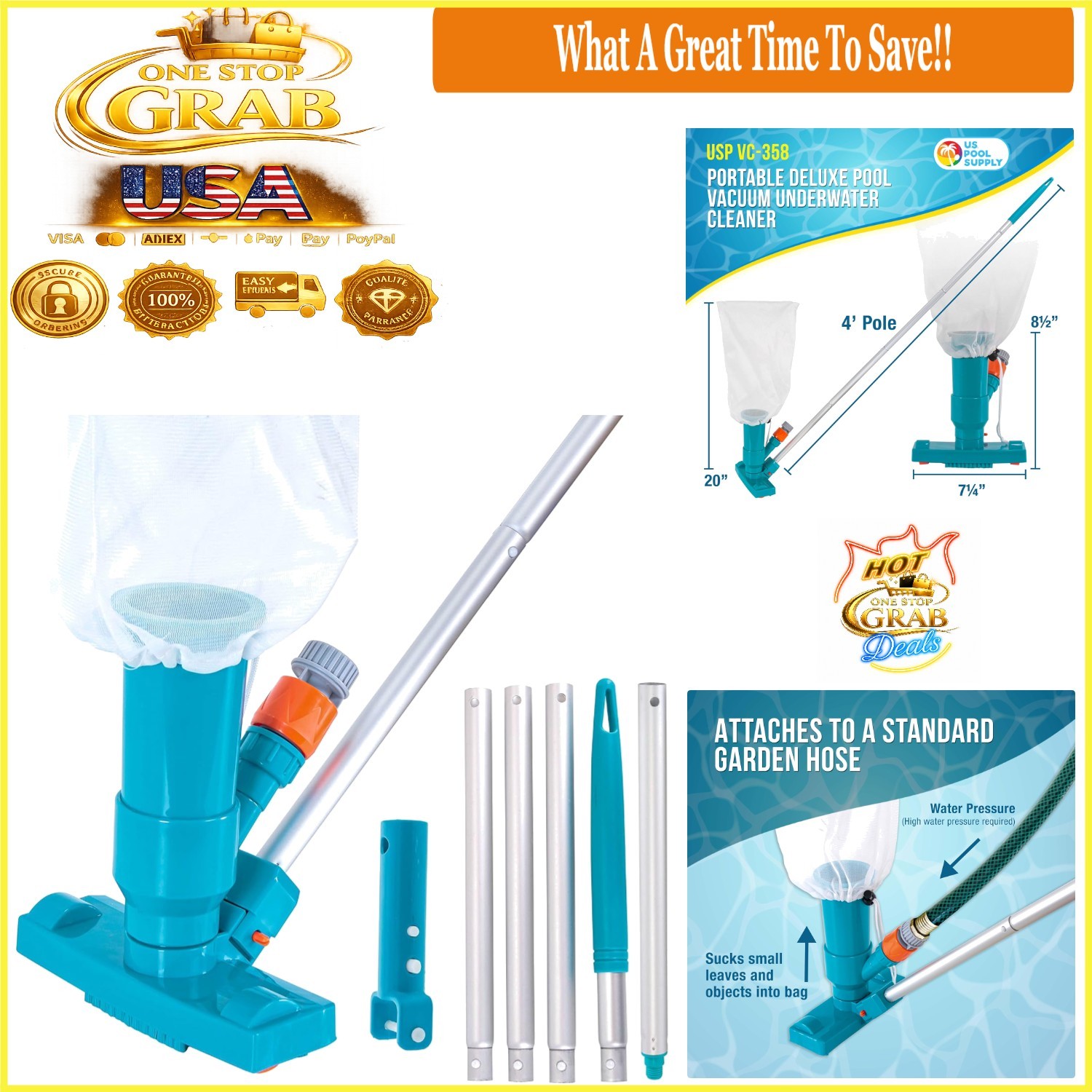 Manual Pool Vacuum Cleaner 5-Section Telescopic Pole Mesh Bag for Pools
