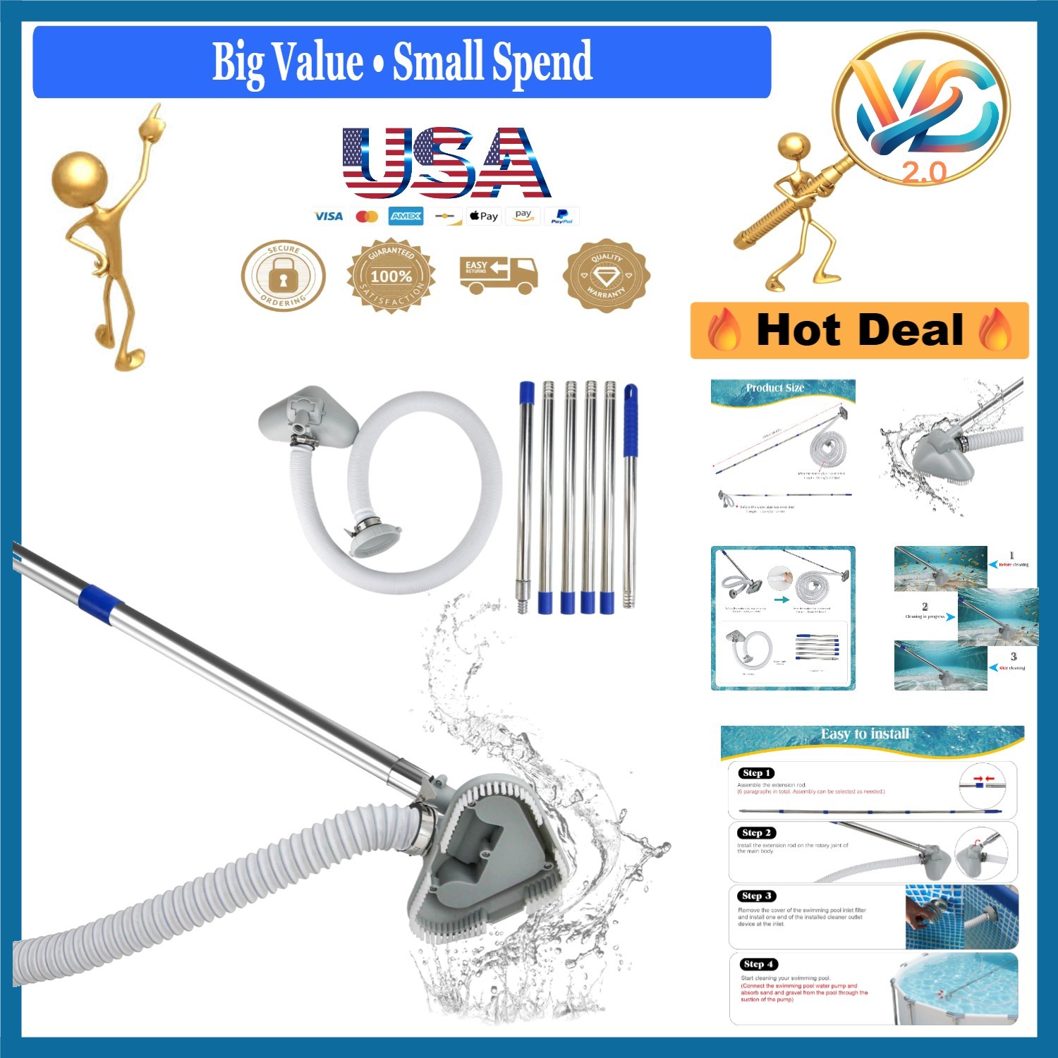 Extendable Pool Vacuum Cleaner for Above & In-Ground Pools Grey