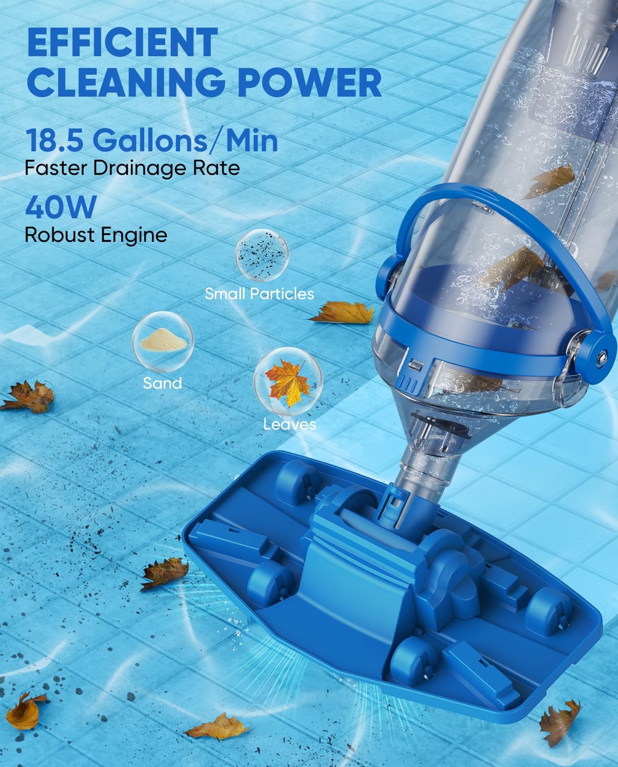 Cordless Pool Vacuum with Telescopic Pole, 18.5 GPM Powerful Suction, 1.5H Su…
