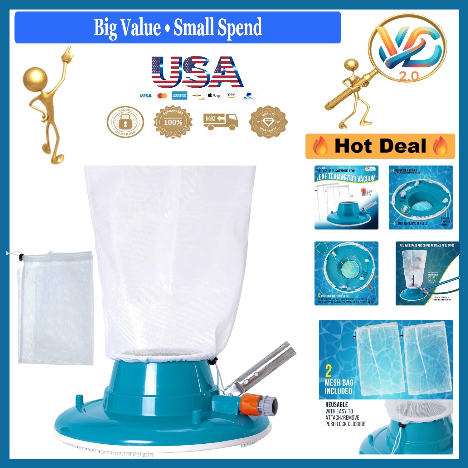 Professional 15in Pool Vacuum Leaf Terminator With Debris Bags & Rotating Wheels