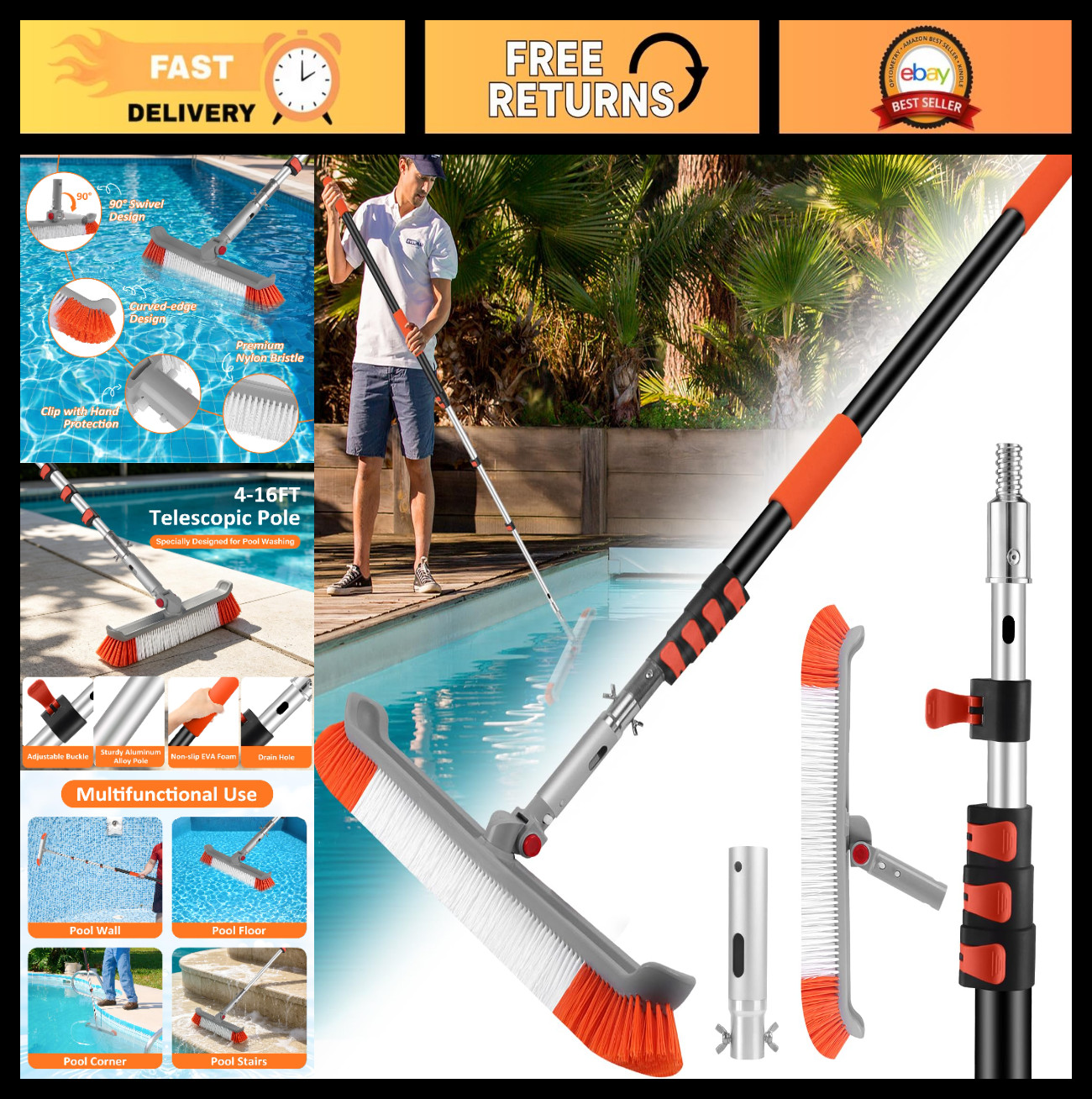 16FT Telescopic Pool Brush & Pole – Heavy Duty 19″ Scrubber for Walls & Floors