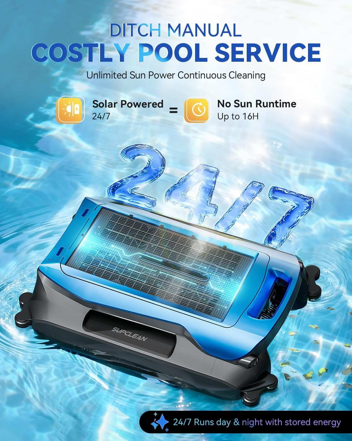 24/7 Solar Powered Pool Skimmer Robot with APP Support, Automatic Electric Float