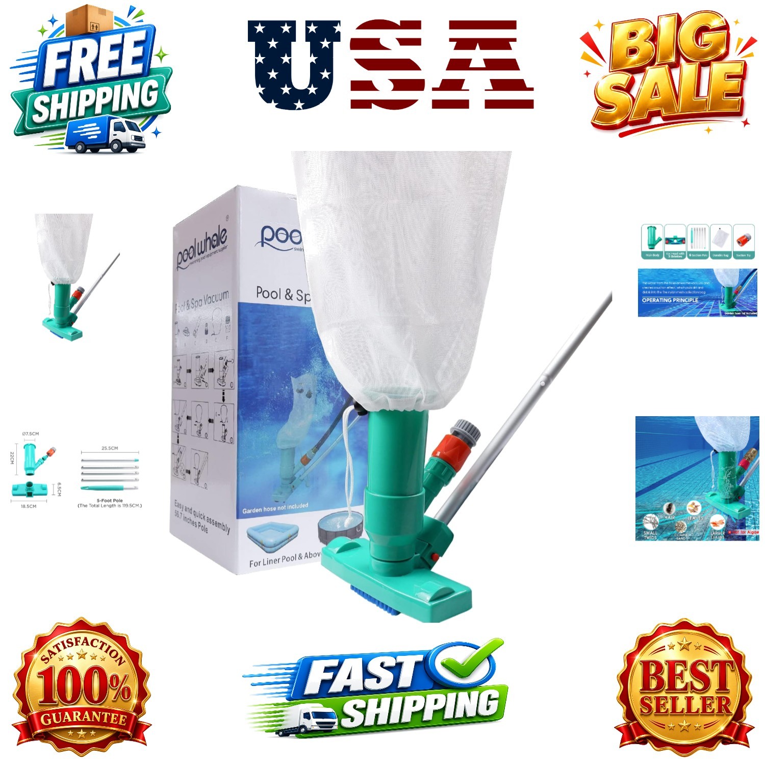 Portable Pool Vacuum Jet Underwater Cleaner W/Brush,Bag,6 Section Pole of 56….