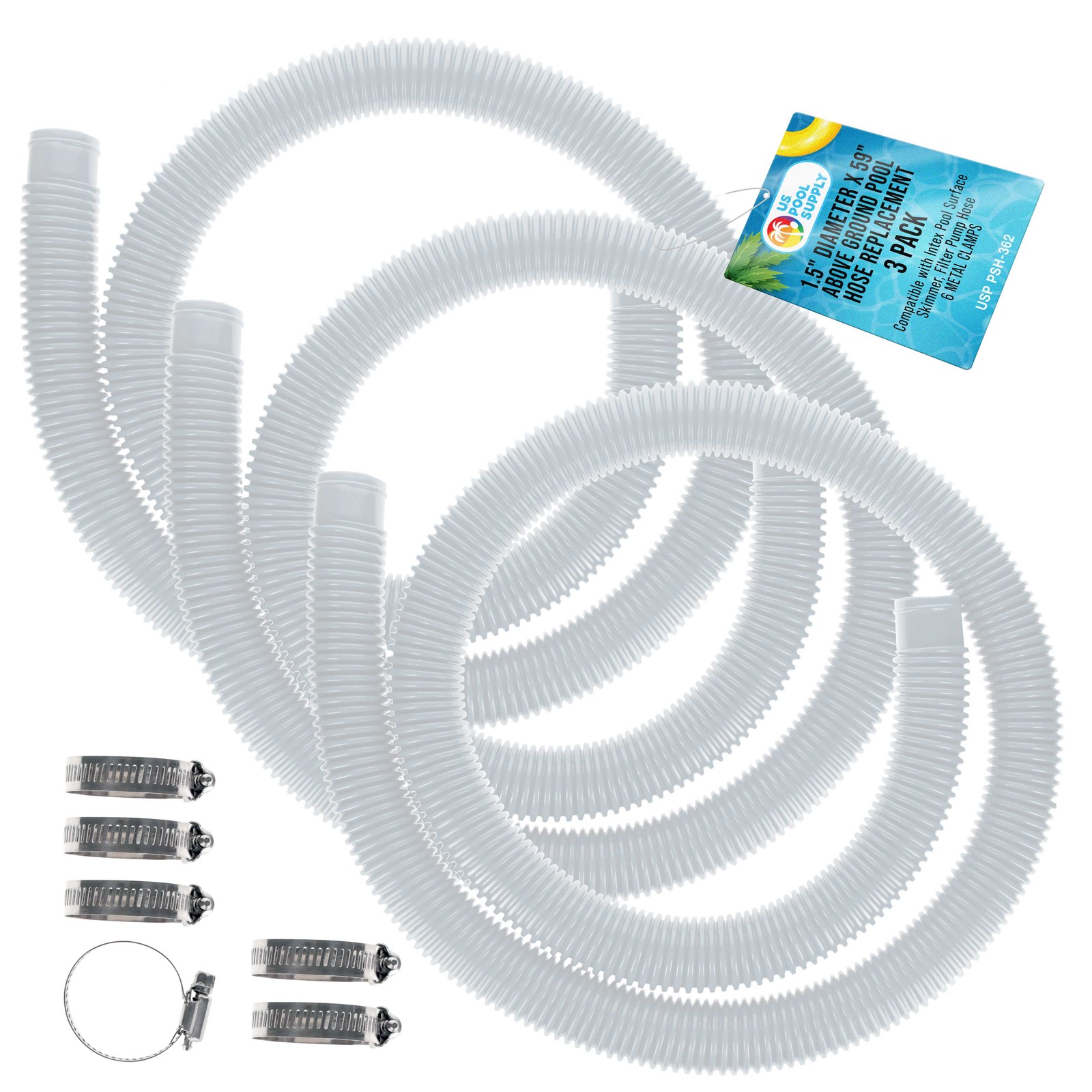 3 Pack of White Above Ground Pool Hose Replacement 1.5″ Diameter x 59″ Long