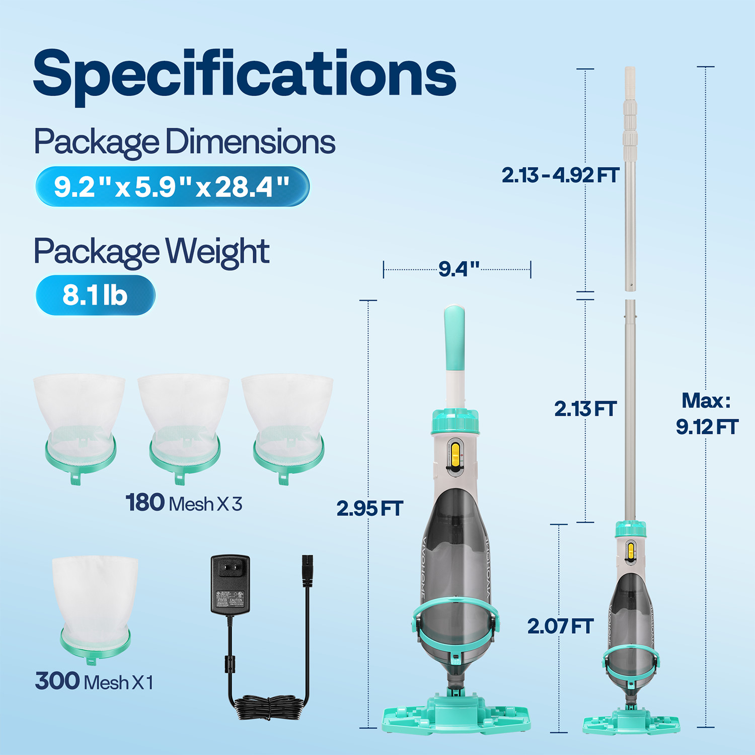 Cordless Rechargeable Pool Vacuum Handheld Cleaner w/ Telescopic Pole 60min IPX8