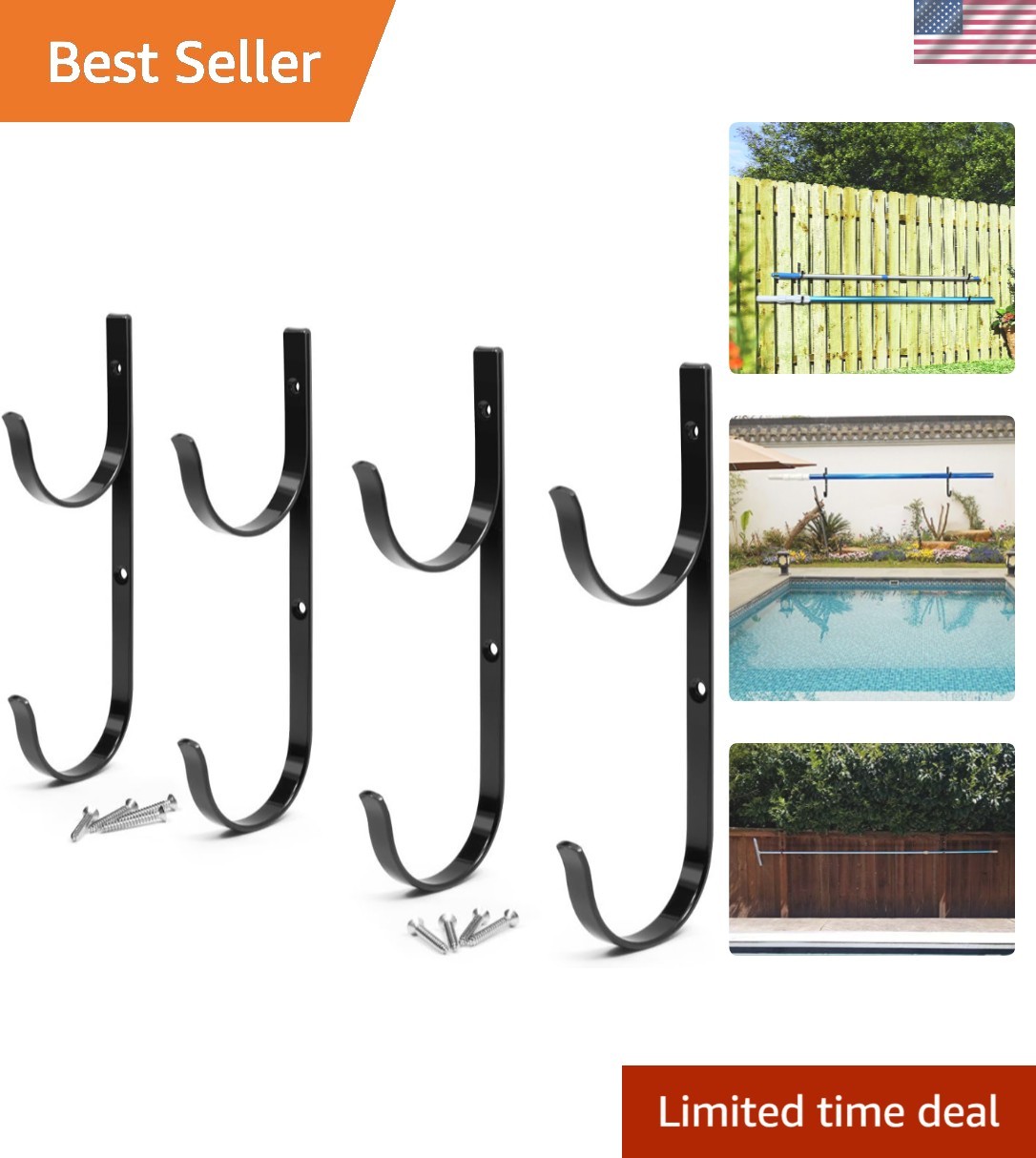 Durable Black Aluminum Holder Set – 4pc for Telescopic Pool Poles & Garden Tools