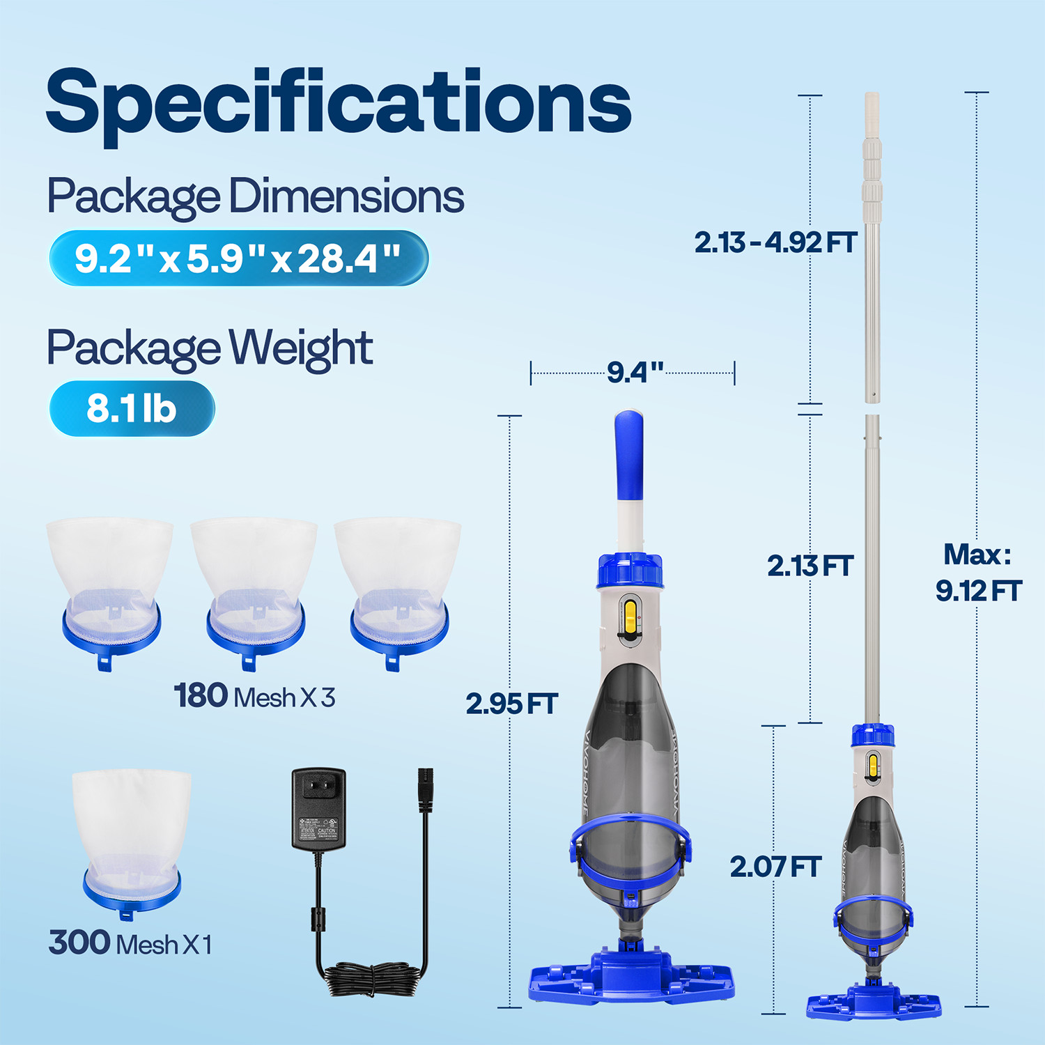 Cordless Pool Vacuum Cleaner 1110GPH Handheld Rechargeable for Pools Spas 60min