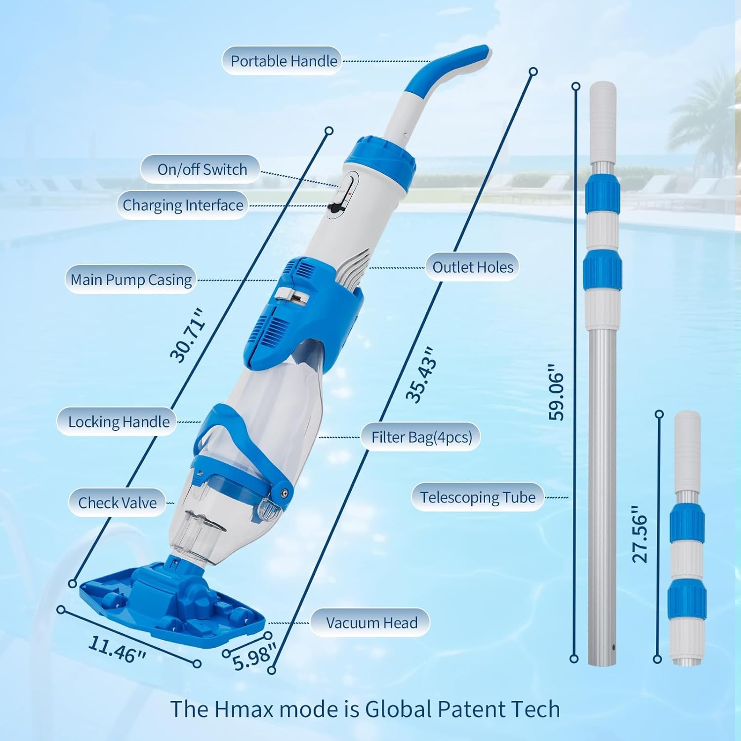Powered Cordless Handheld Pool Vacuum Rechargeable Pool Cleaner 60 Mins Runtime