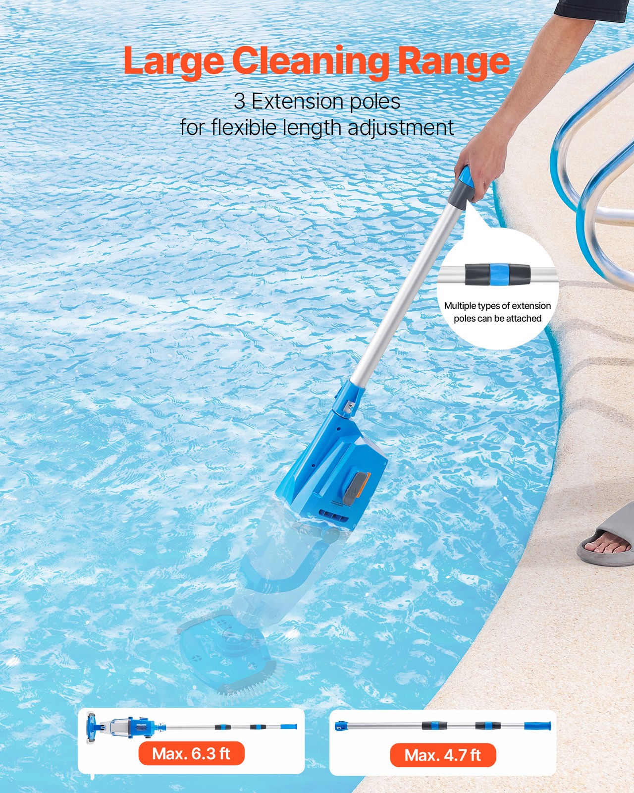 VEVOR Pool Vacuum 26 GPM Rechargeable Pool Cleaner Max. 1H with Extension Pole