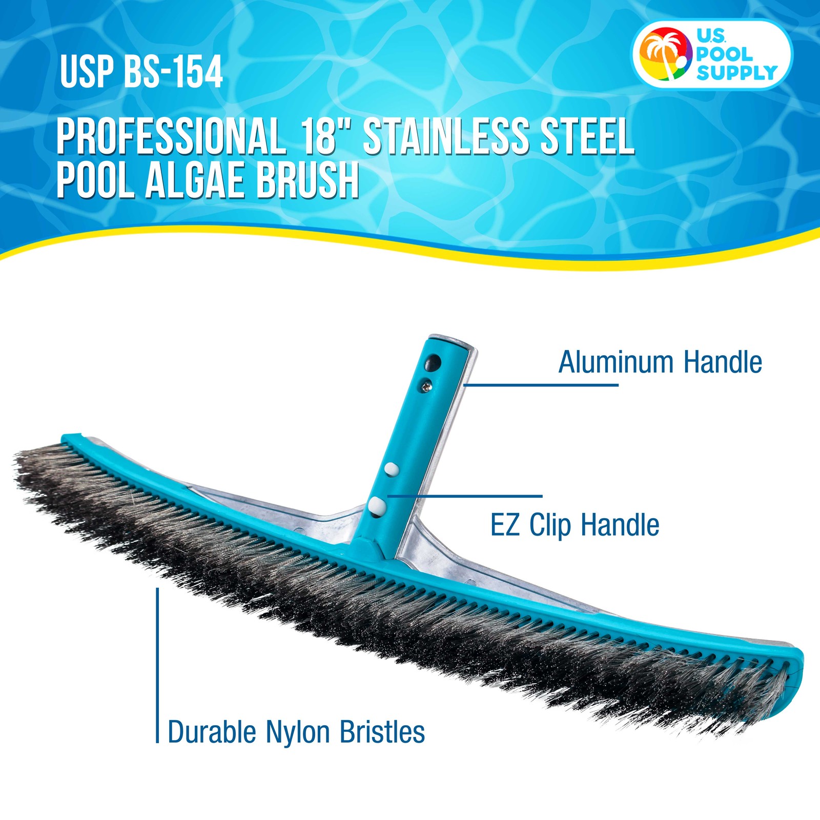 18″ Stainless Steel Pool Brush with Aluminum Handle, EZ Clips – Durable Bristles