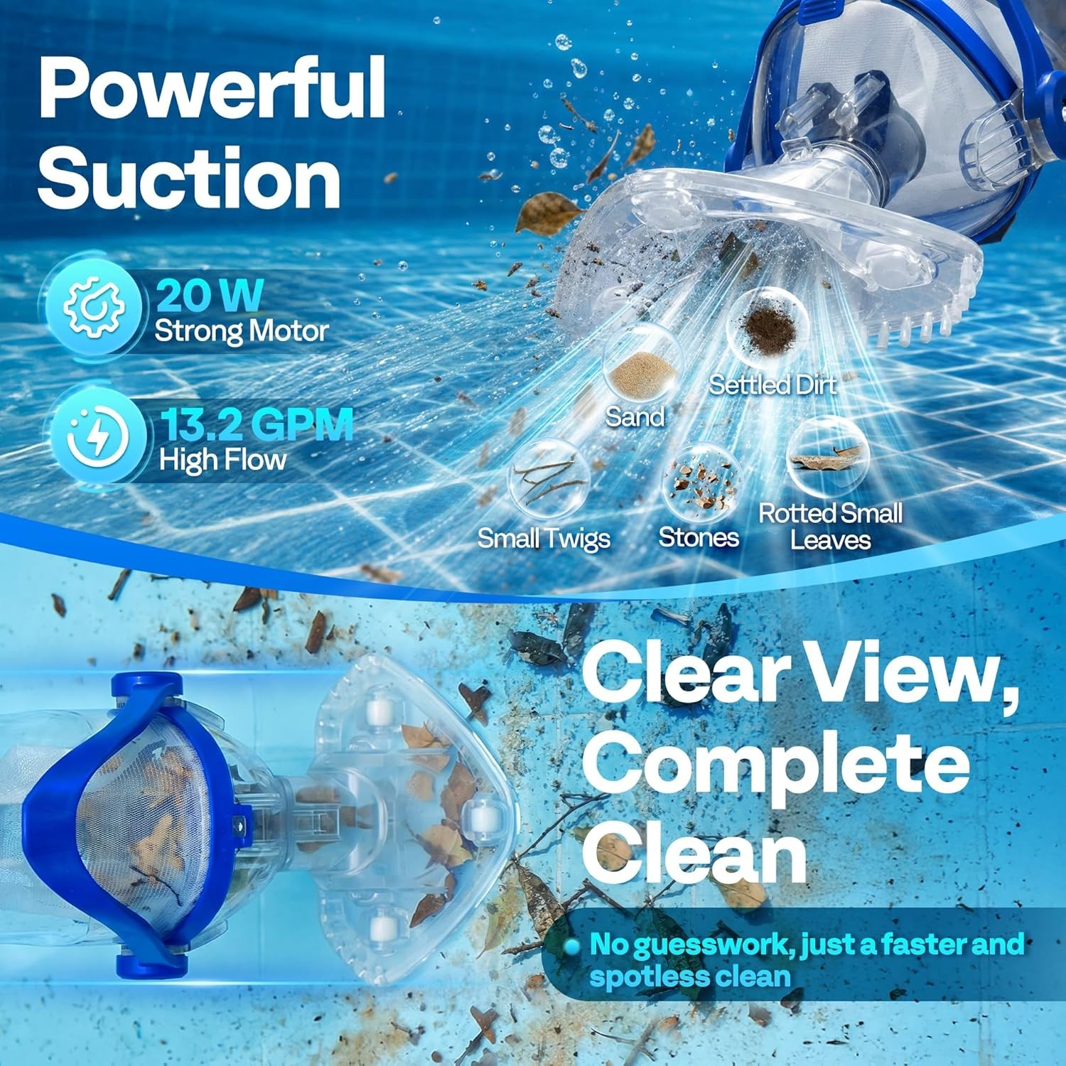 VIVOHOME Cordless Pool Vacuum 13.2 GPM Cleaner 60 Min Battery Blue
