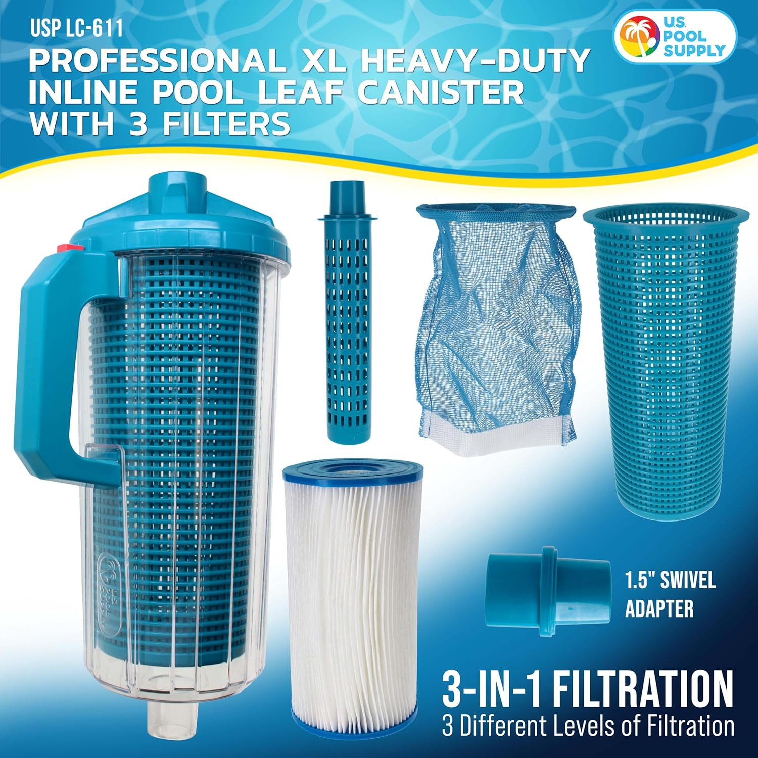 Pool Leaf Canister – XL Heavy Duty Inline Pool Leaf Catcher, 3-In-1 Filtration (