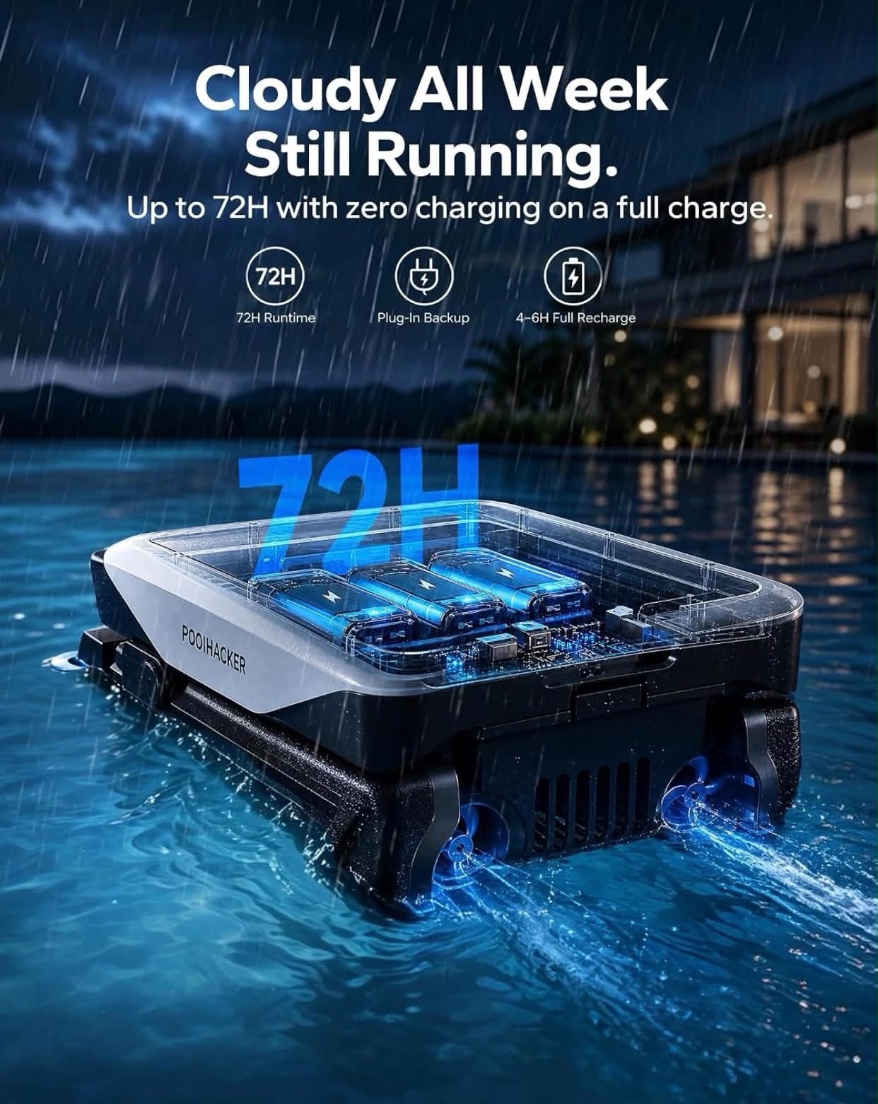 POOLHACKER Solar Elite Robotic Pool Cleaner, Solar Powered, 5.9L, 72H, Waterline