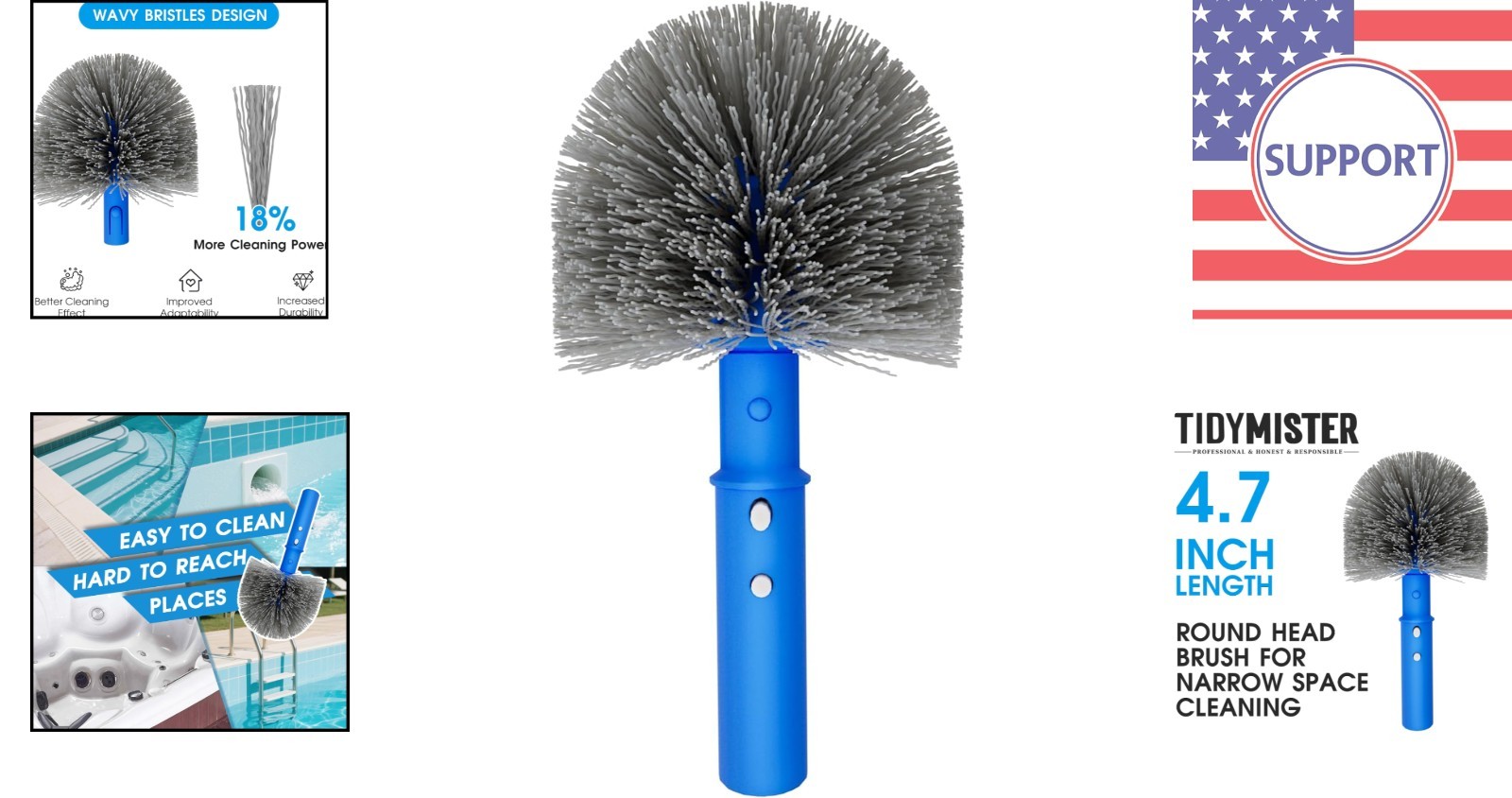 Blue Pool Brush with Flexible Round Head & Wave Bristles – Lightweight Design