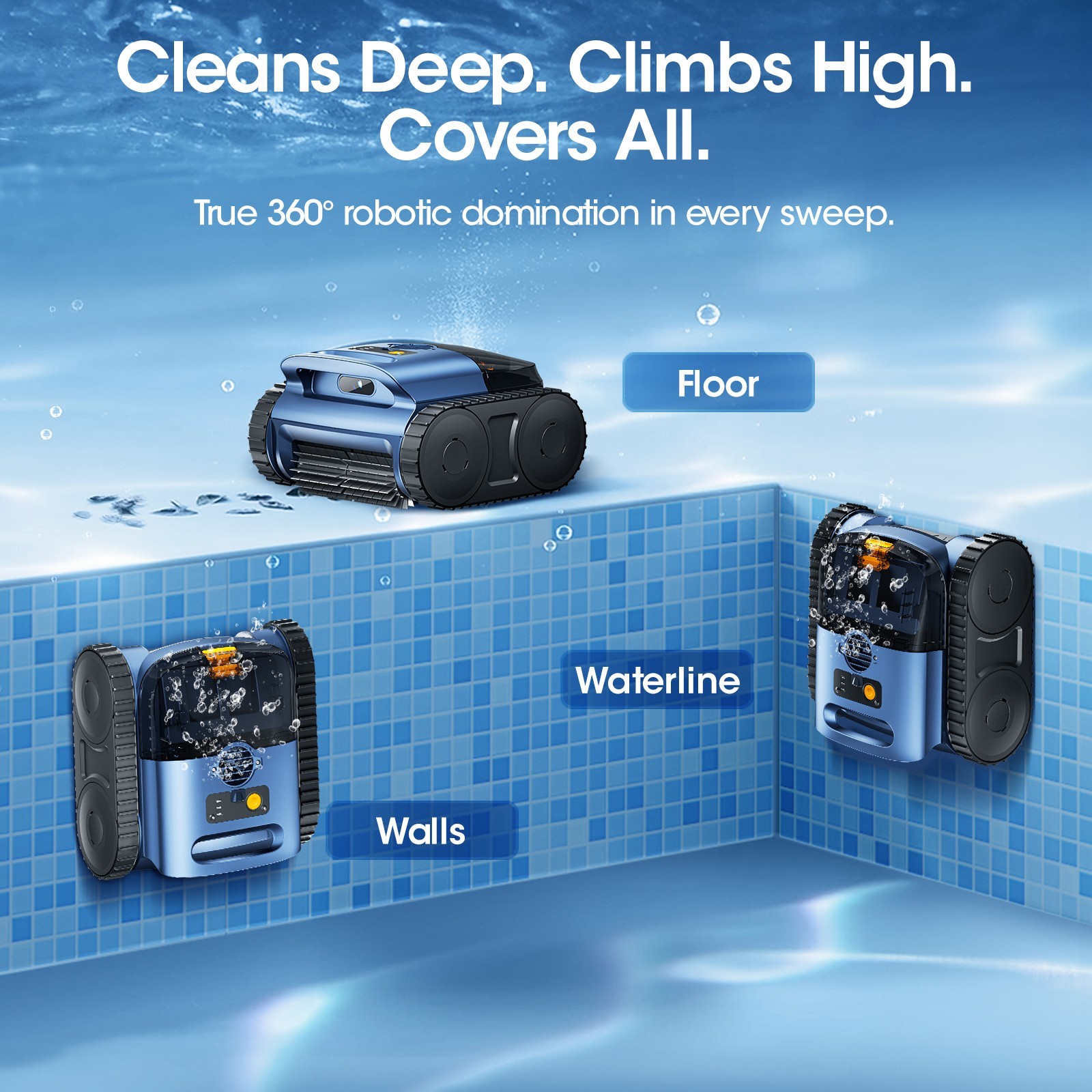 Cordless Robotic Pool Vacuum with Sonar Navigation & Track Drive Wall Climbing