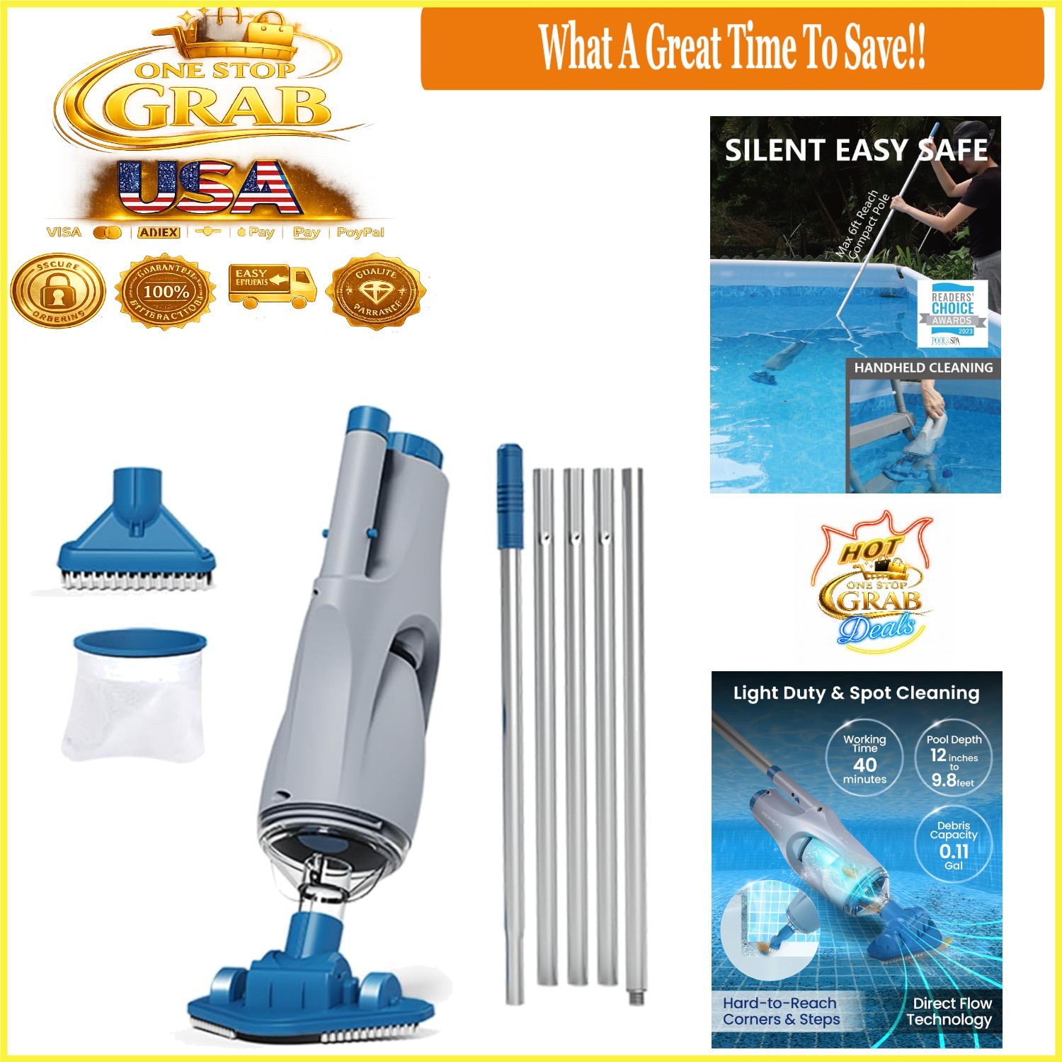 Rechargeable Cordless Handheld Pool Vacuum for Small Pools & Spa Blue