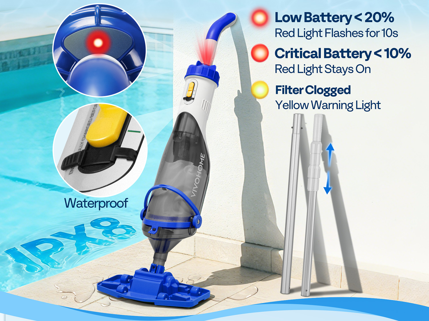 Cordless Pool Vacuum Cleaner 1110GPH Handheld Rechargeable for Pools Spas 60min