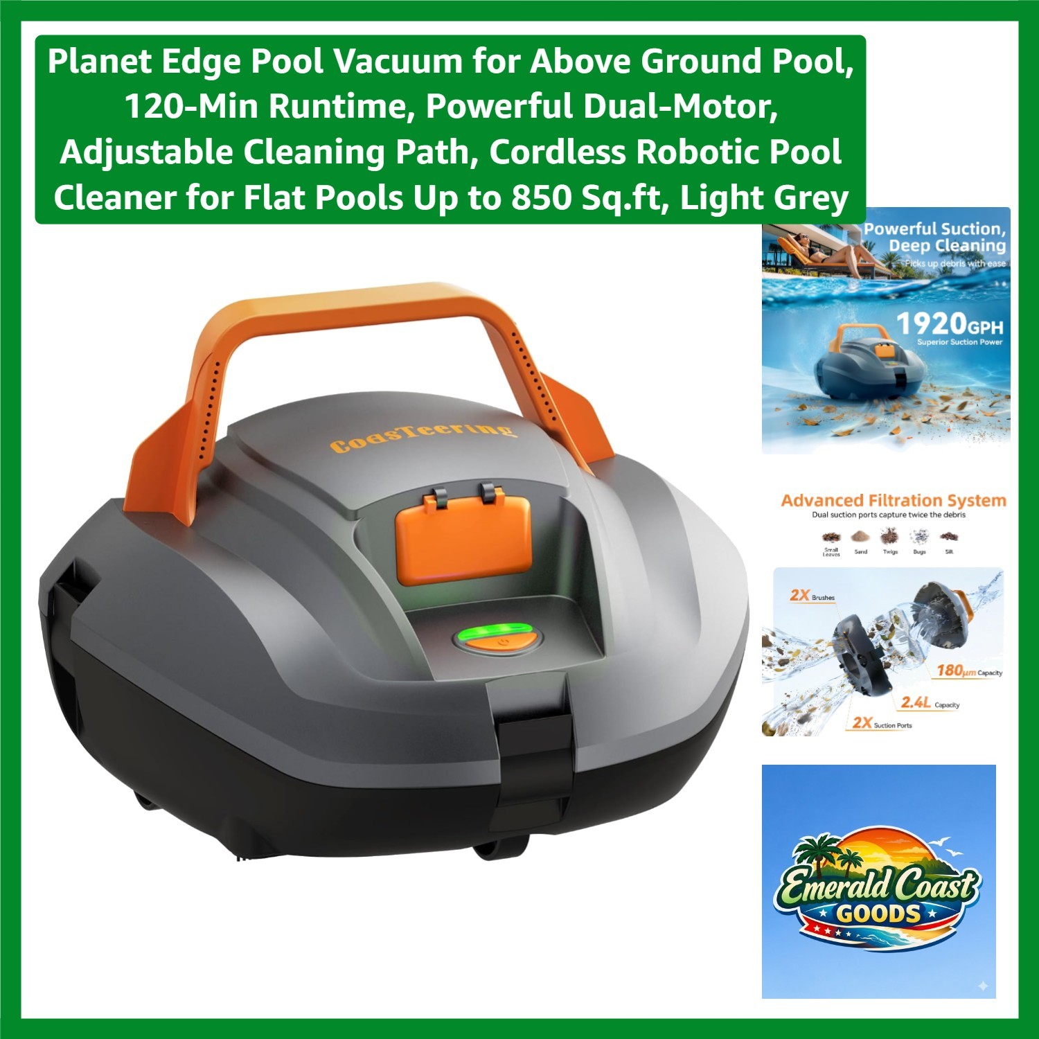 Powerful Dual-Motor Pool Cleaner – Easy Push Button Operation, Cordless Design